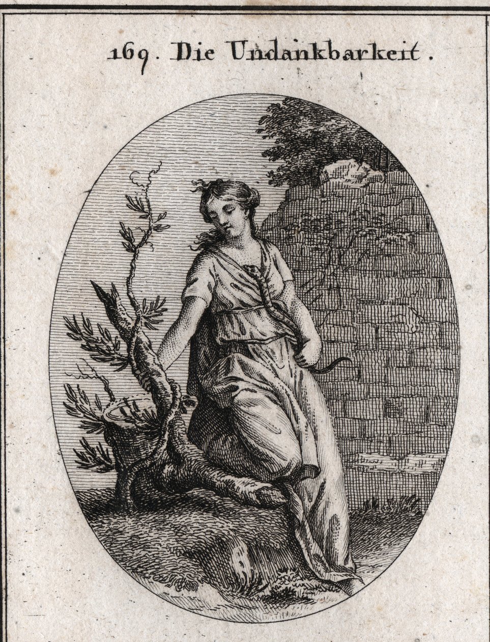 Alegoría de la ingratitud. Una mujer que calienta una serpiente en su pecho es mordida. La rama de hiedra es el símbolo de la ingratitud ya que destruye lo que le sirve de apoyo para elevarse. Grabado en “Iconologie oder Ideen aus dem Gebiete der Leidensch de Austrian School