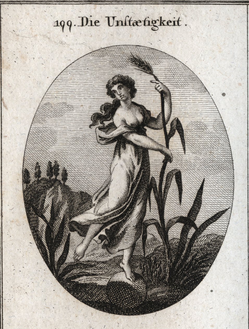 Alegoría de la inestabilidad agitada por el viento. Se apoya con ambas manos en una caña frágil y solo coloca un pie sobre una bola. Grabado en "Iconologie oder Ideen aus dem Gebiete der Leidenschaften und Allegorien bildich dargestellt fur Zeichner, Mahle de Austrian School