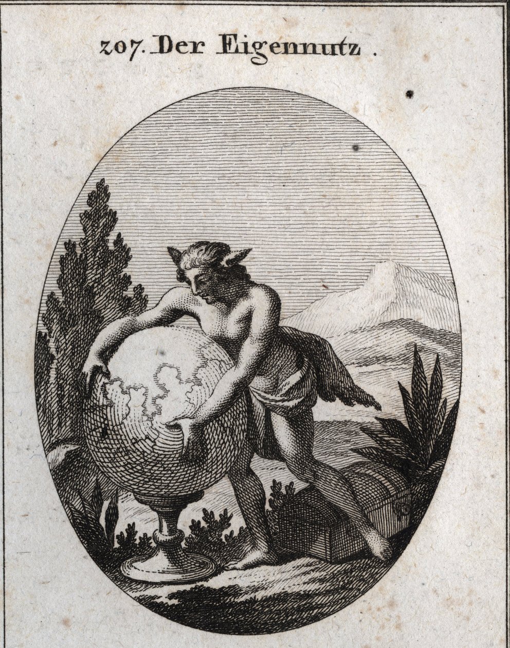 Alegoría del interés con piel de lobo. Está apretando un globo. Este emblema significa que la avaricia es propia de las personas interesadas. Grabado en "Iconologie oder Ideen aus dem Gebiete der Leidenschaften und Allegorien bildich dargestellt fur Zeichn de Austrian School