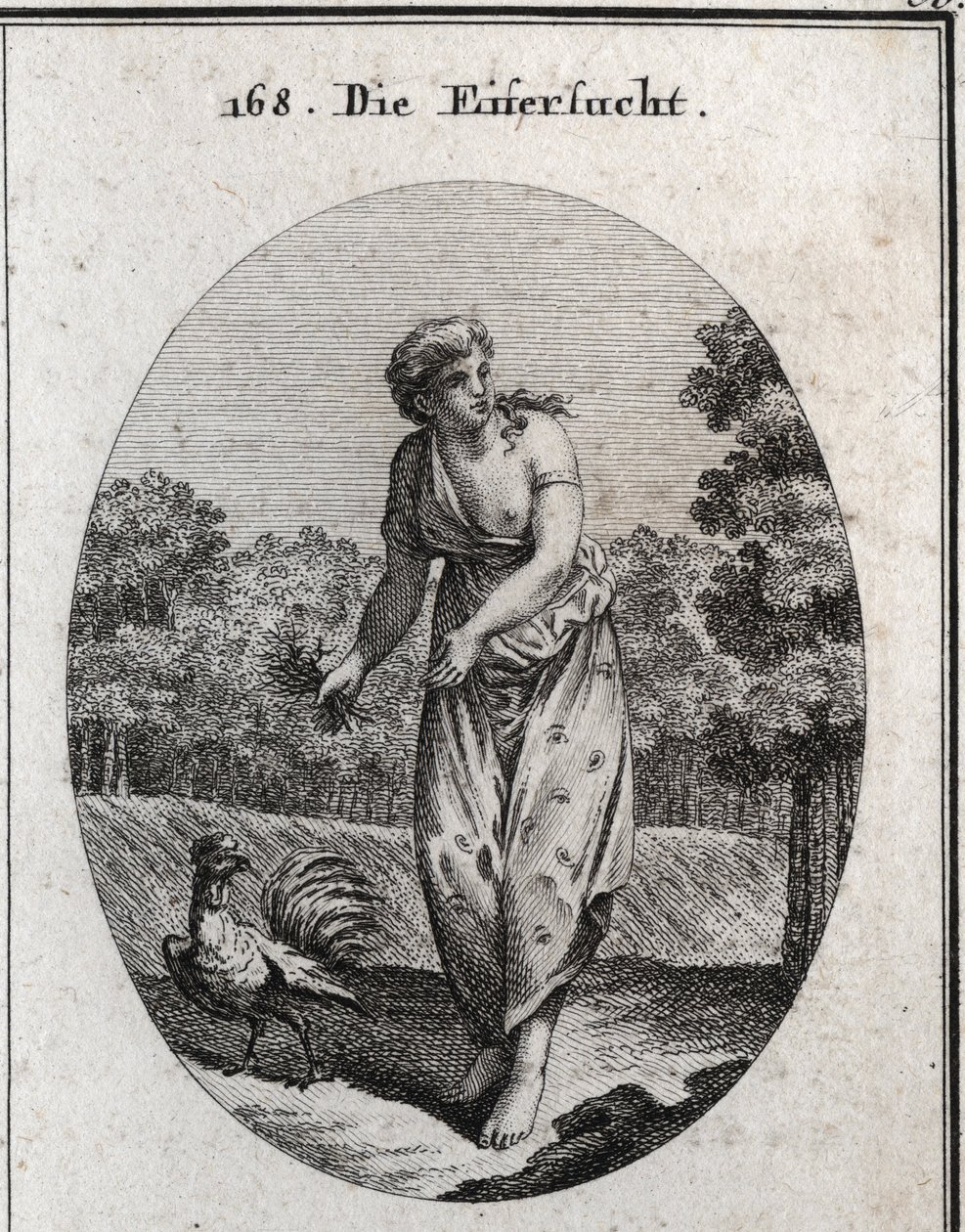 Alegoría de los celos estirando la oreja por un lado y observando lo que sucede por el otro. Su vestido está salpicado de ojos y oídos y el ramo de espinas que sostiene indica que su tormento es voluntario. El gallo, celoso y vigilante, es su símbolo. Grab de Austrian School