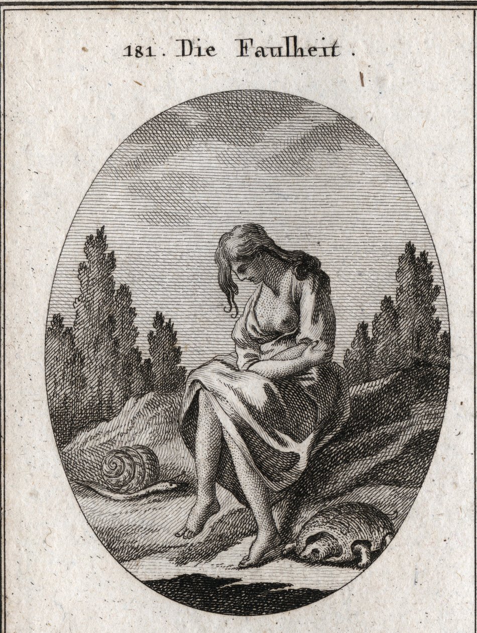 Alegoría de la pereza. Ella sostiene sus brazos cruzados. Su atributo es una tortuga y una babosa. Grabado en “Iconologie oder Ideen aus dem Gebiete der Leidenschaften und Allegorien bildich dargestellt fur Zeichner, Mahler, Dichter, Gelehrte, Erzieher und de Austrian School