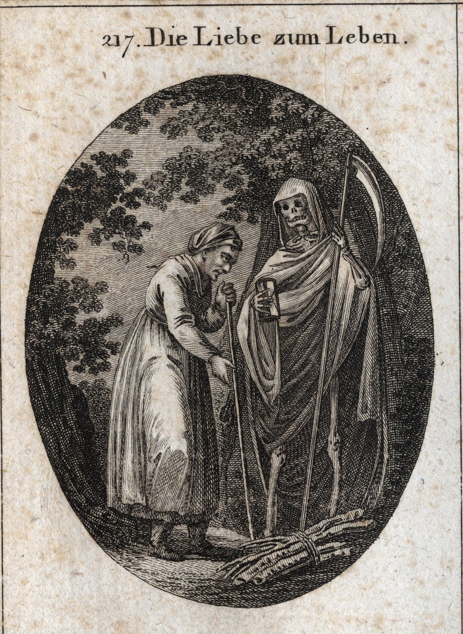 Alegoría del amor por la vida. Una anciana llama a la muerte para que la ayude a poner sus bancos de madera en su cabeza. Grabado en “Iconologie oder Ideen aus dem Gebiete der Leidenschaften und Allegorien bildich dargestellt fur Zeichner, Mahler, Dichter, de Austrian School