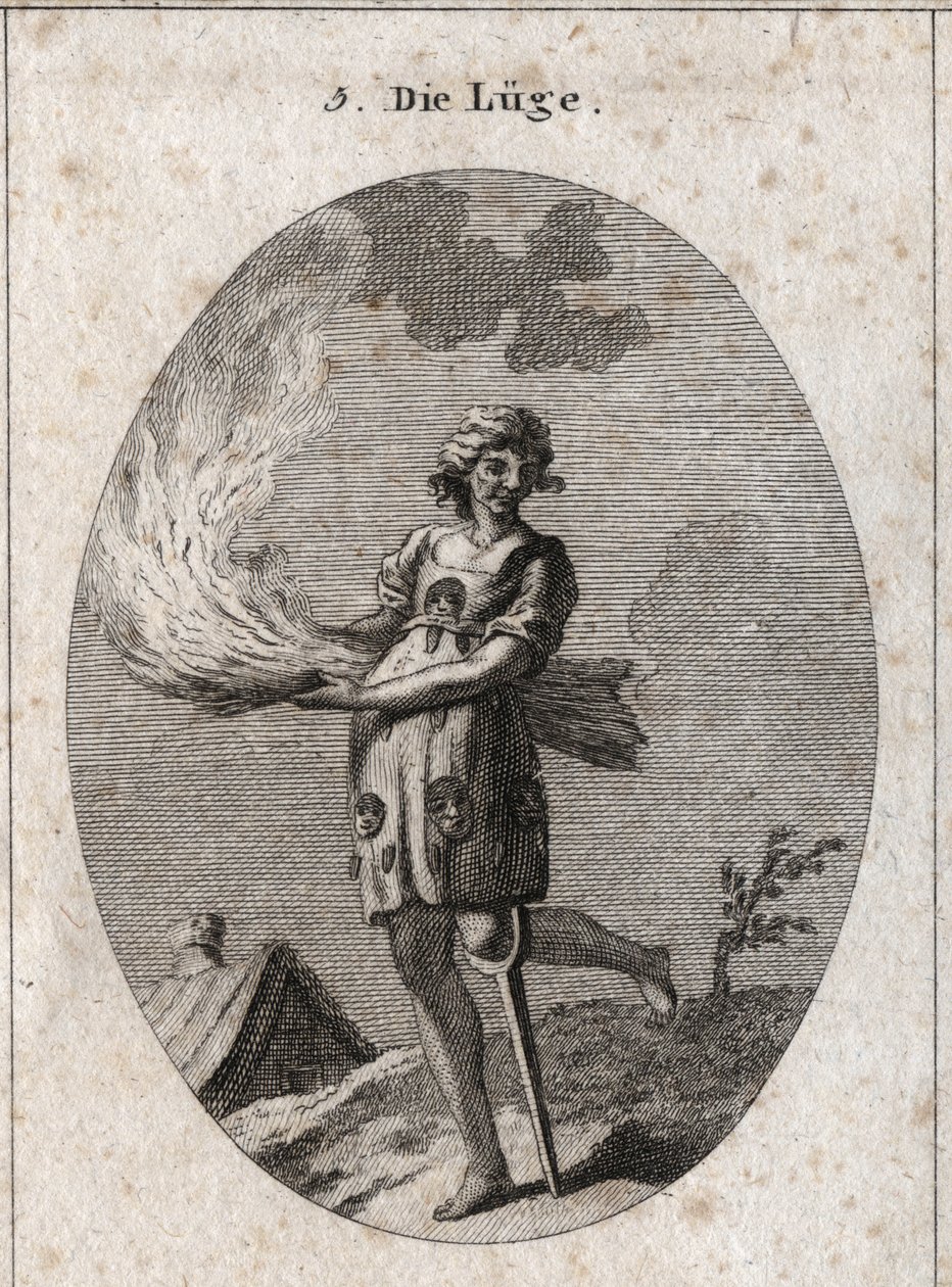 Alegoría de la mentira representa fealdad, mal cabello y malas ropas. Su vestimenta está llena de lenguas y máscaras. La paja ardiente ilustra la falta de subsistencia de sus palabras y la pierna de madera, la poca solidez. Grabado en 