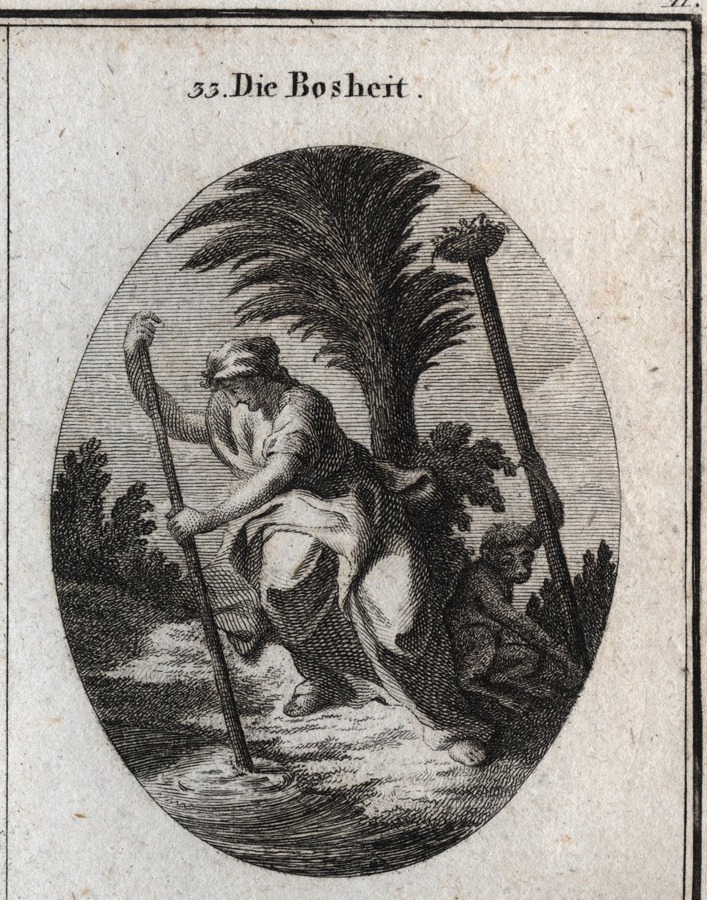 Alegoría de la malignidad. Ella sostiene un palo con el que está perturbando el agua del estanque. El mono, su atributo, desarraiga una estaca para derribar el nido de pájaros que está en la cima. Grabado en "Iconologie oder Ideen aus dem Gebiete der Leide de Austrian School
