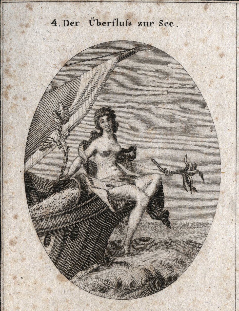 Alegoría de la abundancia marítima representada por Ceres sentada en la proa de un barco. Ella sostiene un ramo de cáñamo, una rama de rodilla en la que están adheridos capullos de gusanos de seda. Está apoyada en granos que cuelgan en la parte trasera del de Austrian School