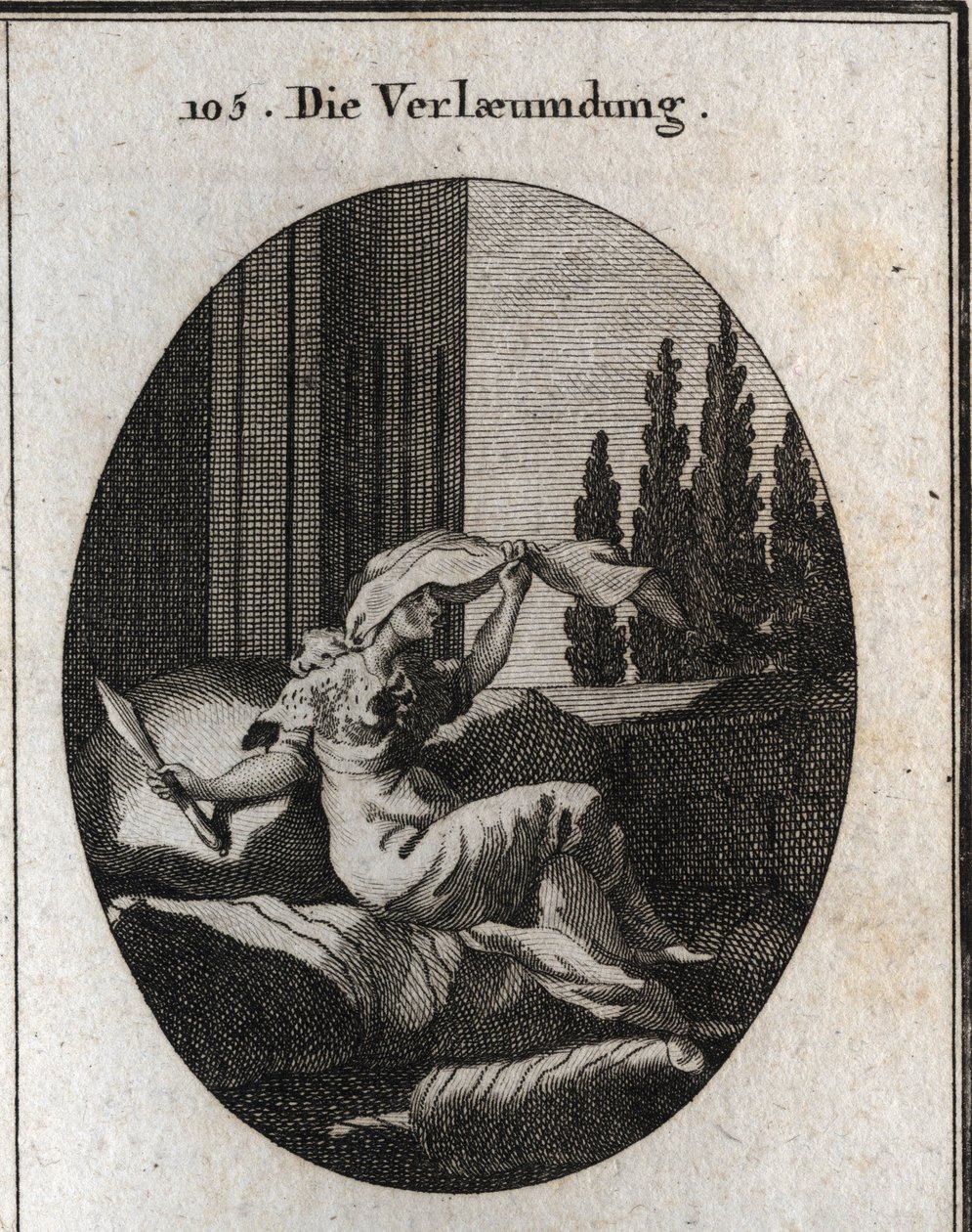 Alegoría de la calumnia representada por una anciana ociosa y suave sentada en cojines. El velo indica que se está escondiendo, su lengua es bífida y sostiene un cuchillo de doble filo. Su pequeño abrigo está hecho de piel de erizo adornada con puntas de h de Austrian School