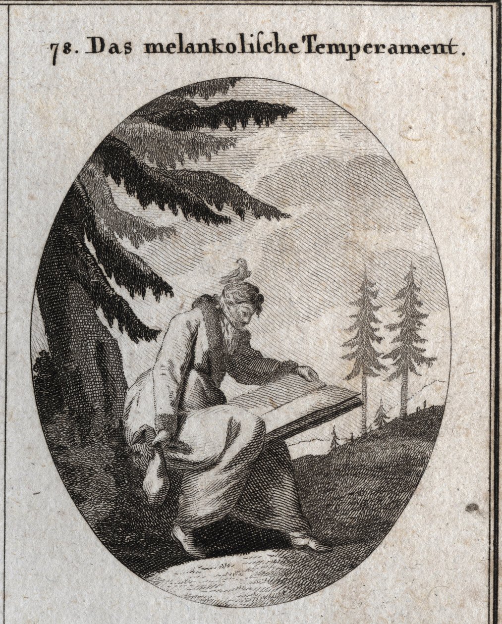 Alegoría del temperamento melancólico. Él sostiene un libro y una bolsa y su boca está cerrada con una venda. Un pájaro se sienta en su cabeza. Grabado en "Iconologie oder Ideen aus dem Gebiete der Leidenschaften und Allegorien bildich dargestellt fur Zeic de Austrian School