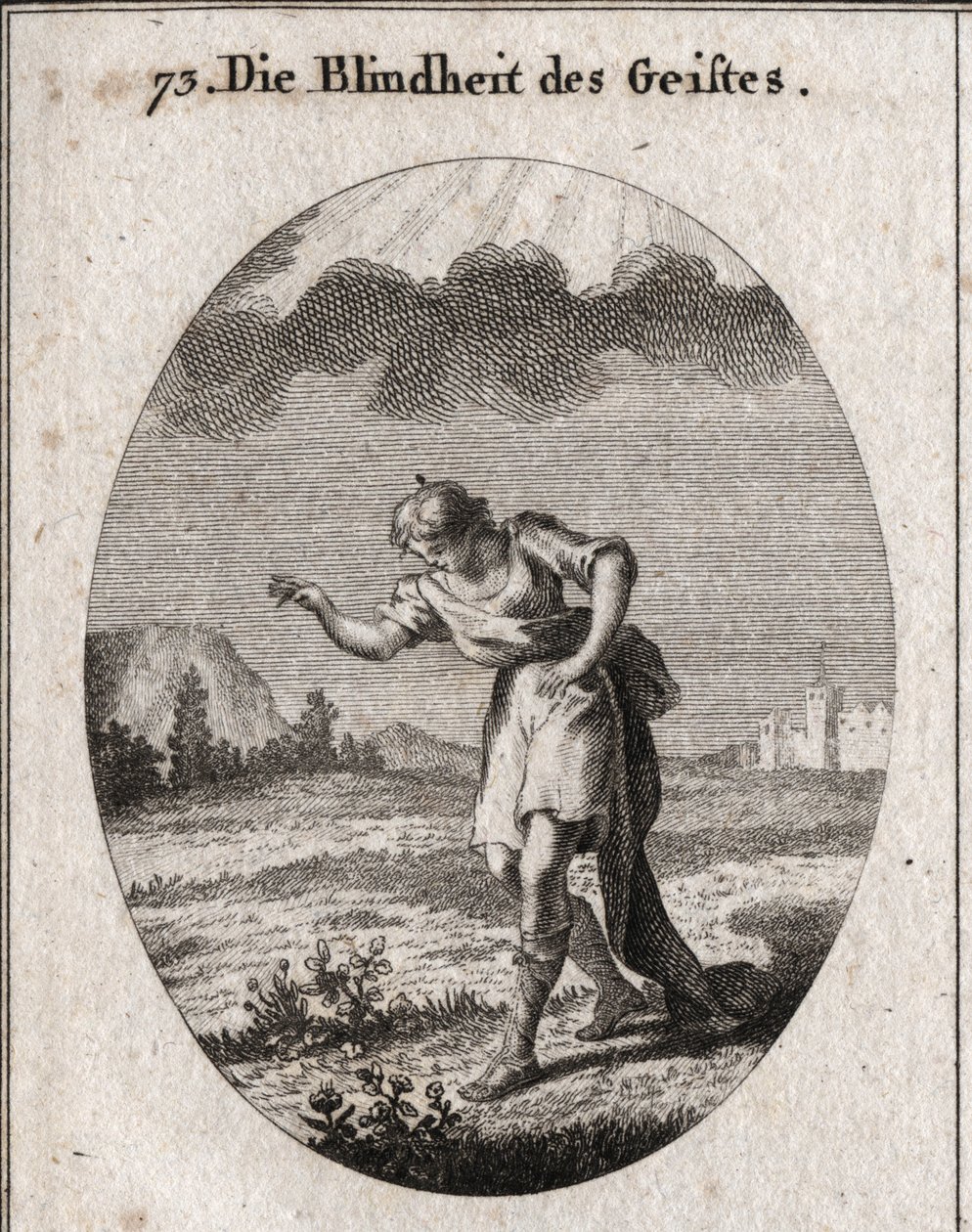 Alegoría de la ceguera mental. Un joven mira las flores en un prado aludiendo a los deleites de la tierra que reponen el alma y la ocupan sin ningún provecho. Una nube detiene la luz de perforar su mente. Grabado en “Iconologie oder Ideen de Austrian School