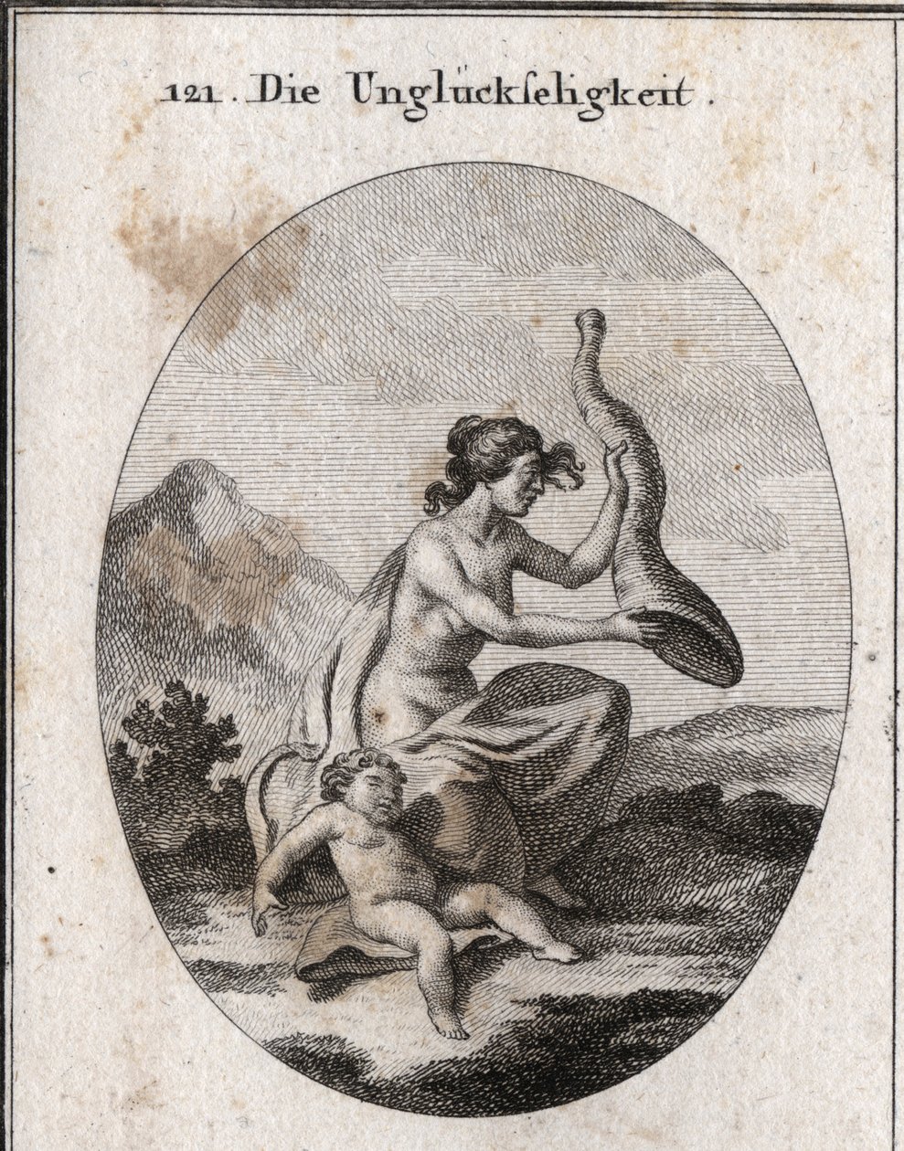Alegoría de la desgracia representada escasa y extensa. Sus atributos son un cuerno de la abundancia que sacude y está vacío, y un niño muriendo de hambre. Grabado en “Iconologie oder Ideen aus dem Gebiete der Leidenschaften und Allegorien” de Austrian School