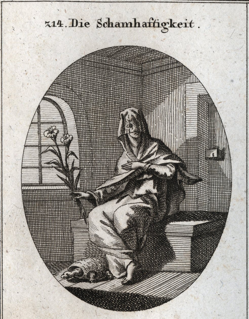 Alegoría de la modestia. Su símbolo es una rama de lirios y una tortuga que significa que las mujeres modestas deben estar alejadas de sus hogares. Su rostro está cubierto por un velo. Grabado en “Iconologie oder Ideen aus dem Gebiete der Leidenschaften un de Austrian School