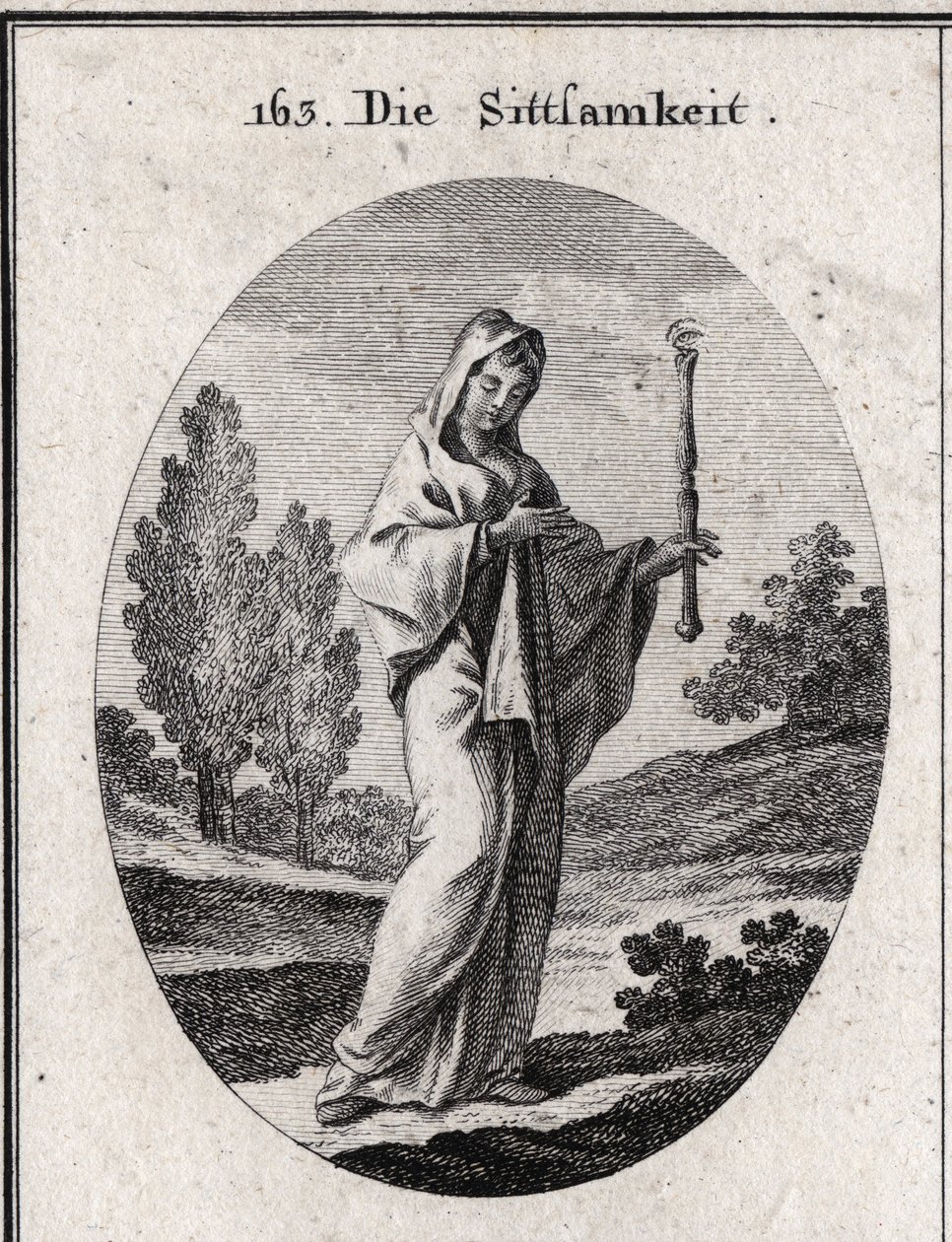 Alegoría de la modestia. Ella sostiene un cetro sobre el cual hay un ojo que significa que la modestia debe ser previsora consigo misma. Grabado en “Iconologie oder Ideen aus dem Gebiete der Leidenschaften und Allegorien bildich dargestellt fur Zeichner, M de Austrian School