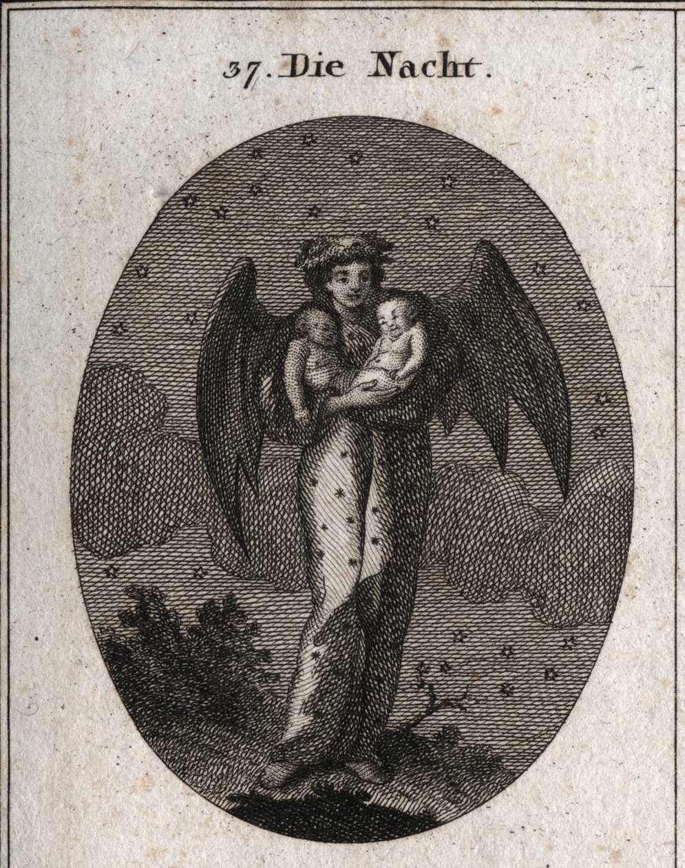 Alegoría de la noche representada con alas de murciélago. Sostiene a dos niños dormidos, uno blanco y el otro negro (sueño y pesadilla). Grabado en “Iconologie oder Ideen aus dem Gebiete der Leidenschaften und Allegorien bildich dargestellt fur Zeichner” de Austrian School