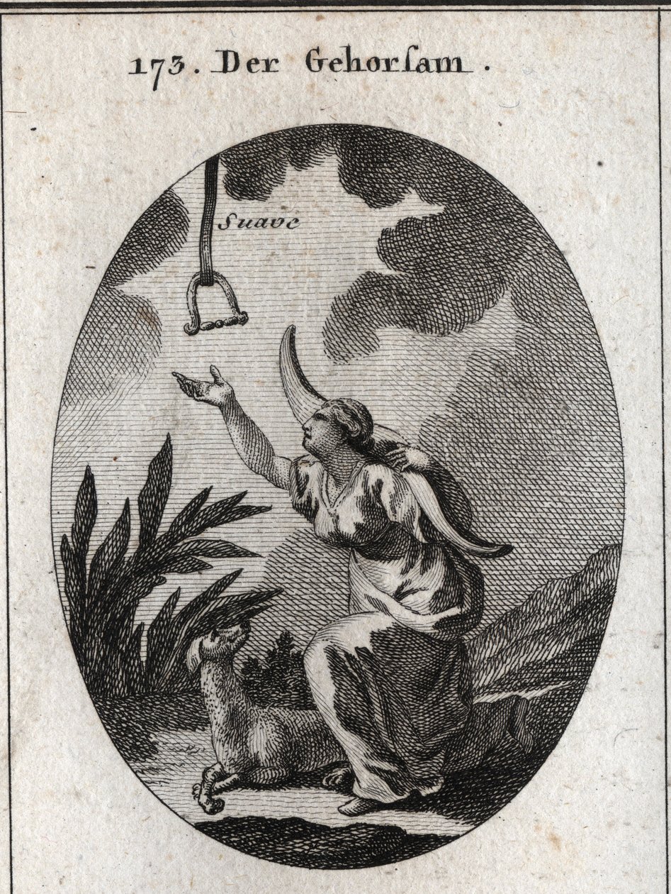 Alegoría de la obediencia. Ella lleva un yugo sobre sus hombros y avanza para recibir un freno que desciende del cielo abierto en el que se lee la palabra “suave”. El perro es su atributo. Grabado en “Iconologie oder Ideen aus dem Gebiete der Leidenschafte de Austrian School
