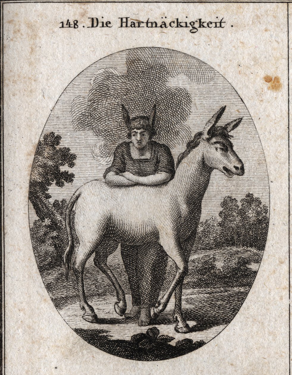 Alegoría de la obstinación apoyada en una mula. Las orejas de burro en su cabeza son el emblema de la ignorancia y la terquedad. El vapor alrededor de su cabeza significa que su inteligencia está oscurecida. Grabado en "Iconologie oder Ideen aus dem Gebiet de Austrian School