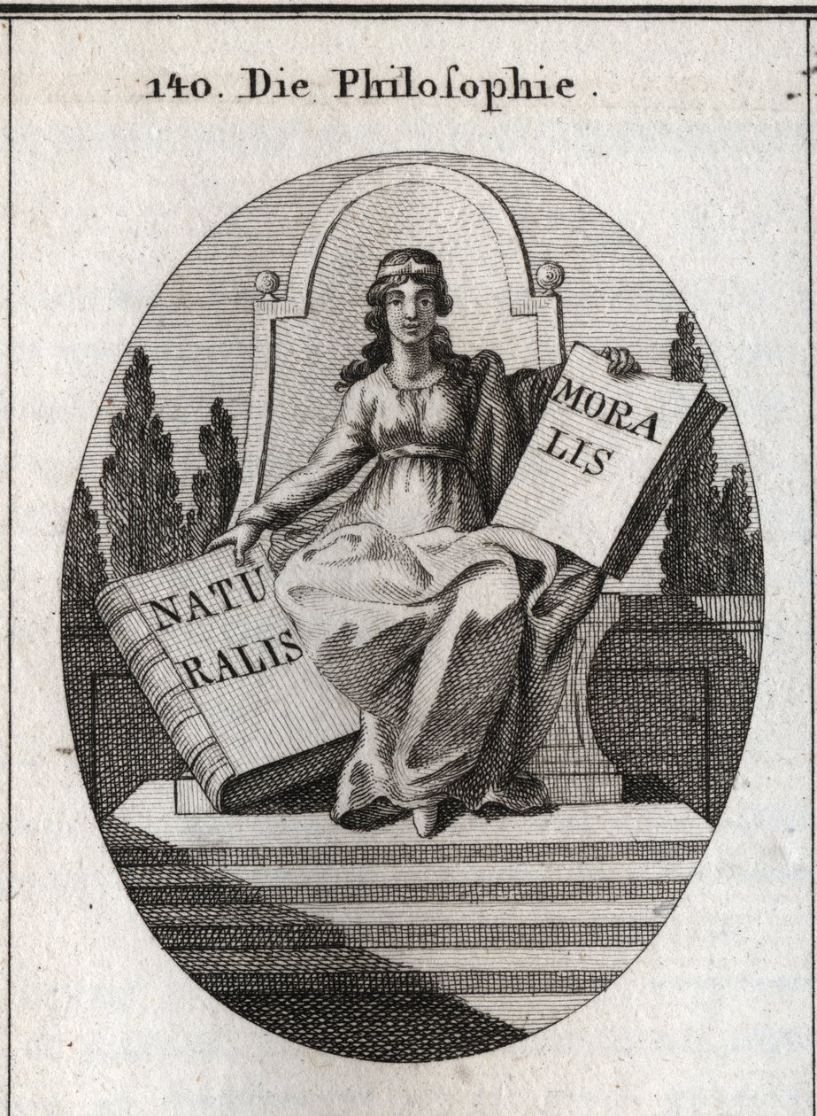 Alegoría de la filosofía sentada en un trono de mármol sobre varios escalones. Tiene un diadema dorado en la frente y sostiene dos libros abiertos “Naturalis” (Naturaleza) y “Moralis” (Moral). Grabado en “Iconologie oder Ideen aus dem Gebiete der Leidensch de Austrian School
