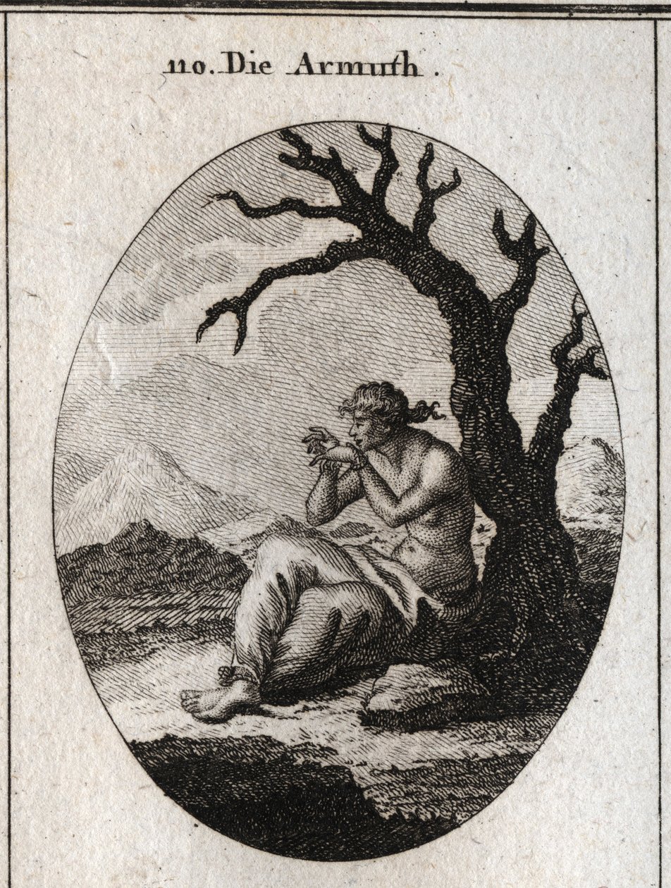 Alegoría de la pobreza sentada al pie de un árbol seco que crece en terreno árido. Sus pies y manos están atados y ella intenta desatar sus lazos con los dientes; Grabado en “Iconologie oder Ideen aus dem Gebiete der Leidenschaften und Allegorien bildich d de Austrian School