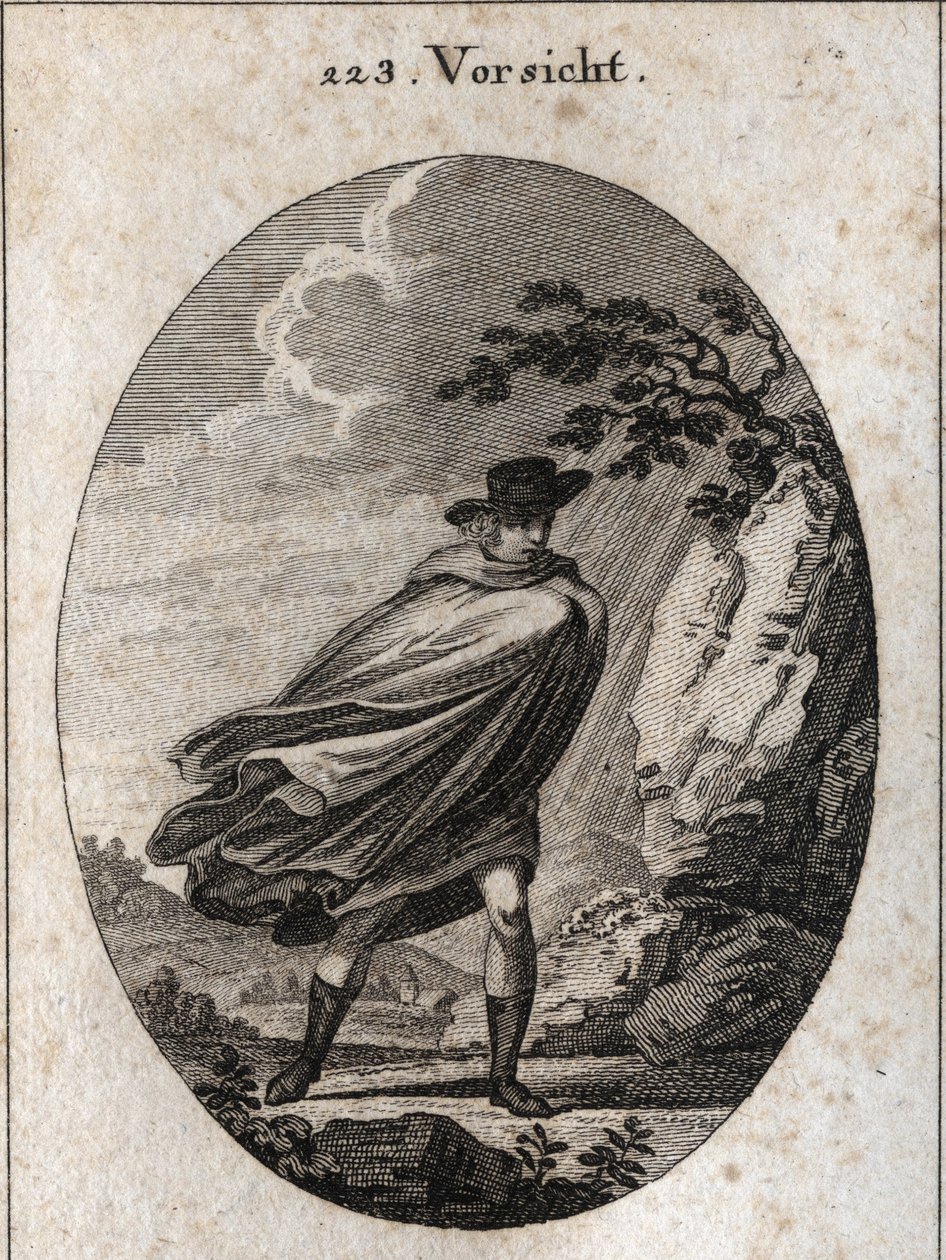 Alegoría de la providencia. Expresión: Cuando hace buen tiempo, lleva tu abrigo, cuando llueve, llévalo, si quieres. Grabado en “Iconologie oder Ideen aus dem Gebiete der Leidenschaften und Allegorien bildich dargestellt fur Zeichner, Mahler, Dichter, Gele de Austrian School