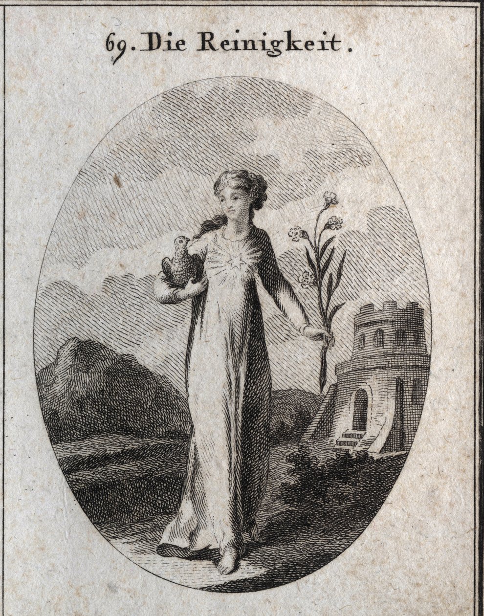 Alegoría de la pureza. Sus atributos son la paloma y el lirio, símbolos de candor. Grabado en “Iconologie oder Ideen aus dem Gebiete der Leidenschaften und Allegorien bildich dargestellt fur Zeichner, Mahler, Dichter, Gelehrte, Erzieher und freunde Hoher de Austrian School