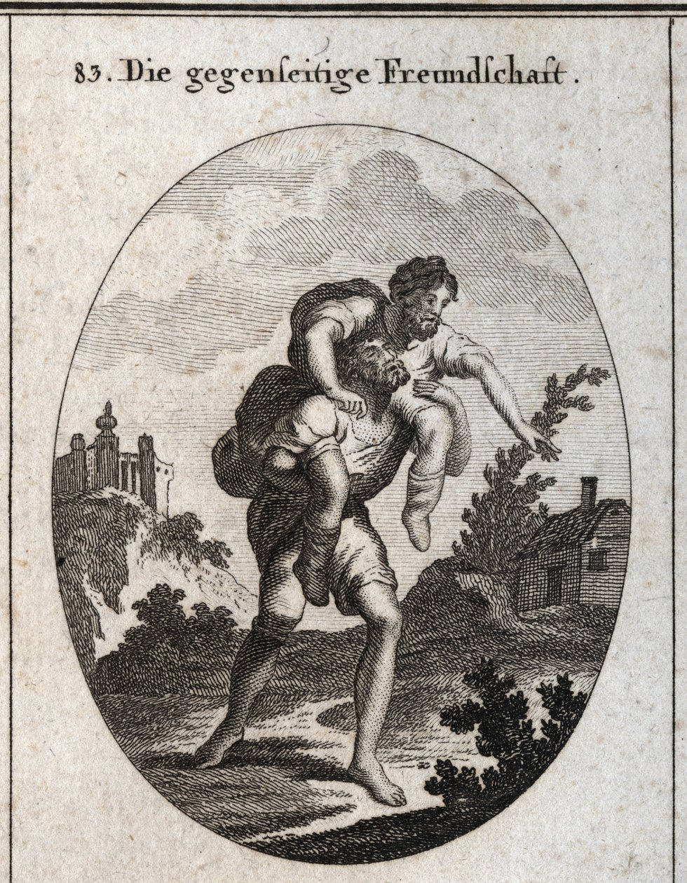 Alegoría de la amistad recíproca. Un ciego es guiado por la voz de un hombre mutilado sobre sus hombros. Grabado en “Iconologie oder Ideen aus dem Gebiete der Leidenschaften und Allegorien bildich dargestellt fur Zeichner, Mahler, Dichter, Gelehr” de Austrian School