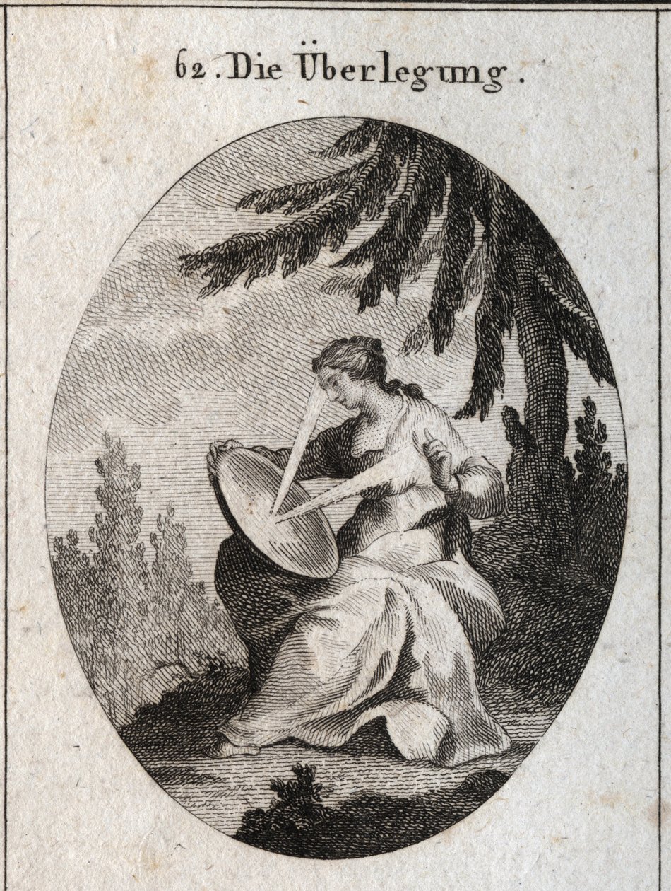 Alegoría de la reflexión. Un rayo de luz parte de su corazón, golpea el espejo en sus rodillas y refleja la luz en su frente. Grabado en “Iconologie oder Ideen aus dem Gebiete der Leidenschaften und Allegorien bildich dargestellt fur Zeichner, Mahler, Dich de Austrian School