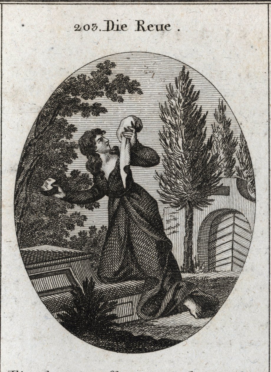 Alegoría del arrepentimiento representada con una rodilla en una tumba. Sostiene con una mano un pañuelo y con la otra una piedra con la que golpea su pecho. Grabado en “Iconologie oder Ideen aus dem Gebiete der Leidenschaften und Allegorien bildich darges de Austrian School