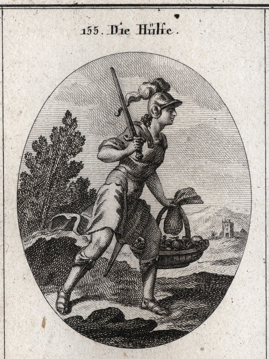 Alegoría del alivio representada en armadura con una espada. Ella lleva una bolsa y una cesta llena de comida para simbolizar el alivio en calamidades y hambrunas. Ella camina rápido. Grabado en “Iconologie oder Ideen aus dem Gebiete der Leidenschaften und de Austrian School