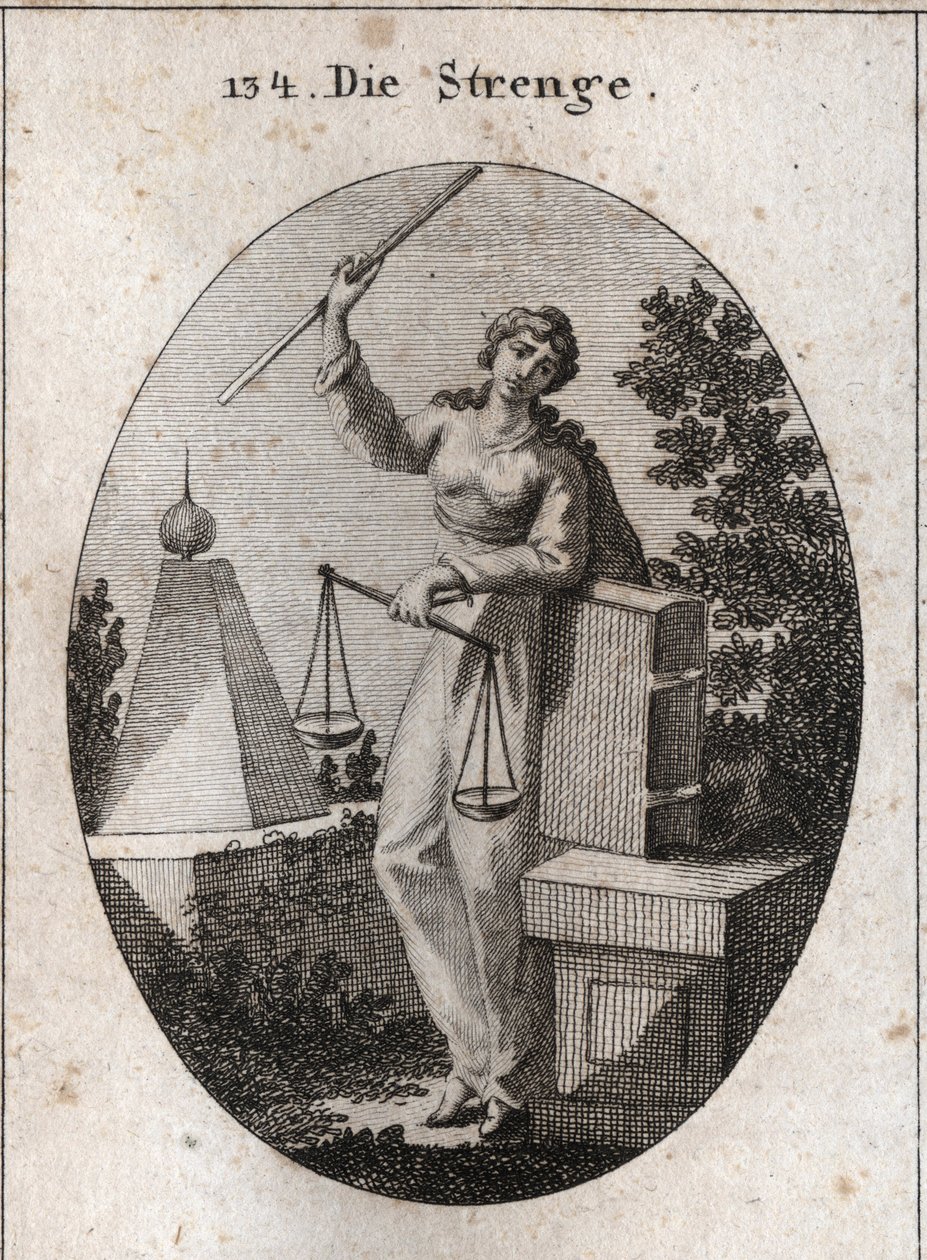 Alegoría de la rigurosidad representada bajo un aspecto feroz sosteniendo con la mano derecha una vara de hierro alto y apoyándose con la izquierda en el libro de las leyes. Tiene en la misma mano una balanza, una de las cuales prevalece sobre la otra. Gra de Austrian School