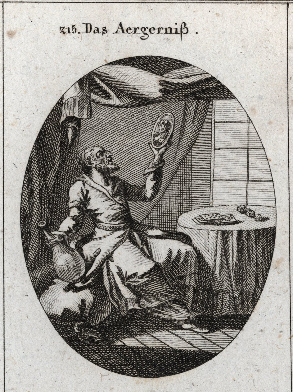 Alegoría del escándalo. Sostiene con una mano una botella y con la otra un retrato de una joven y cerca de una mesa sobre la que hay cartas y juegos. Grabado en "Iconologie oder Ideen aus dem Gebiete der Leidenschaften und Allegorien bildich dargestellt fu de Austrian School
