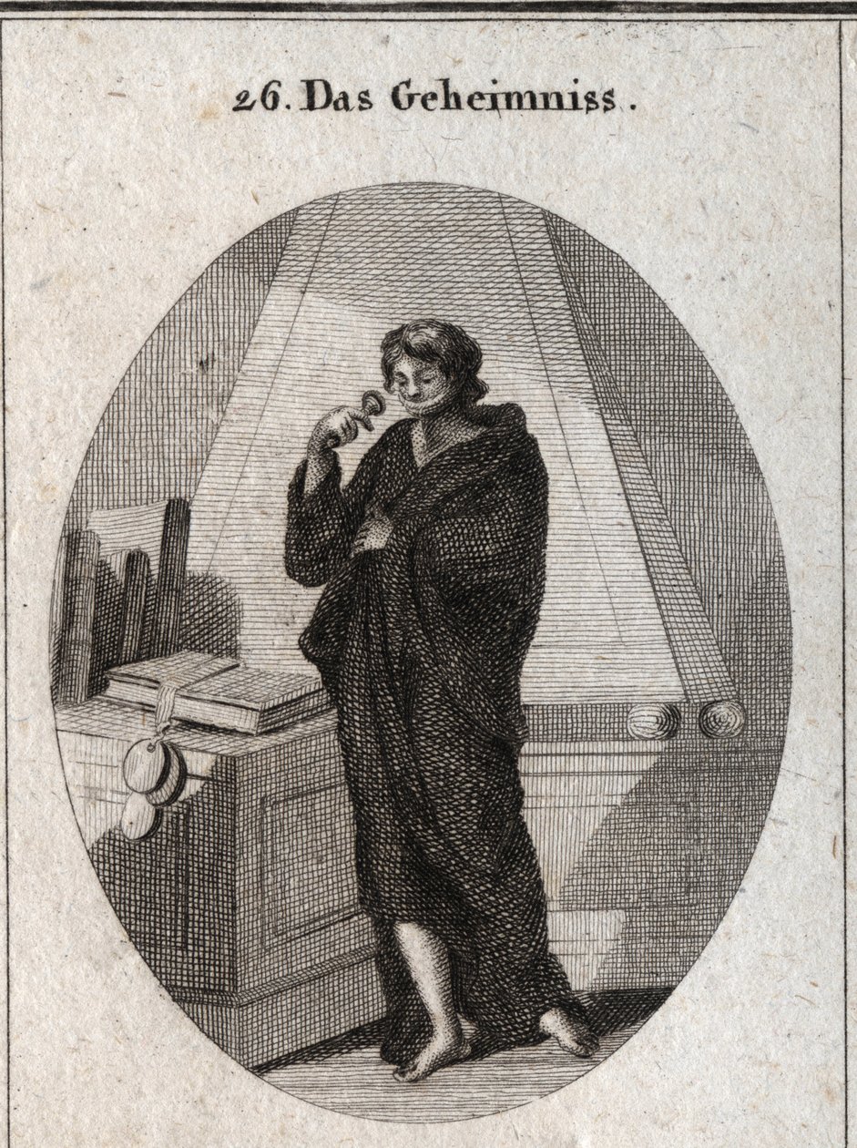 Alegoría del secreto cubierto de negro para enterrar en el olvido los secretos confiados a él. Tiene una venda en la boca a la que añade un sello. Grabado en “Iconologie oder Ideen aus dem Gebiete der Leidenschaften und Allegorien bildich dargestellt fur Z de Austrian School
