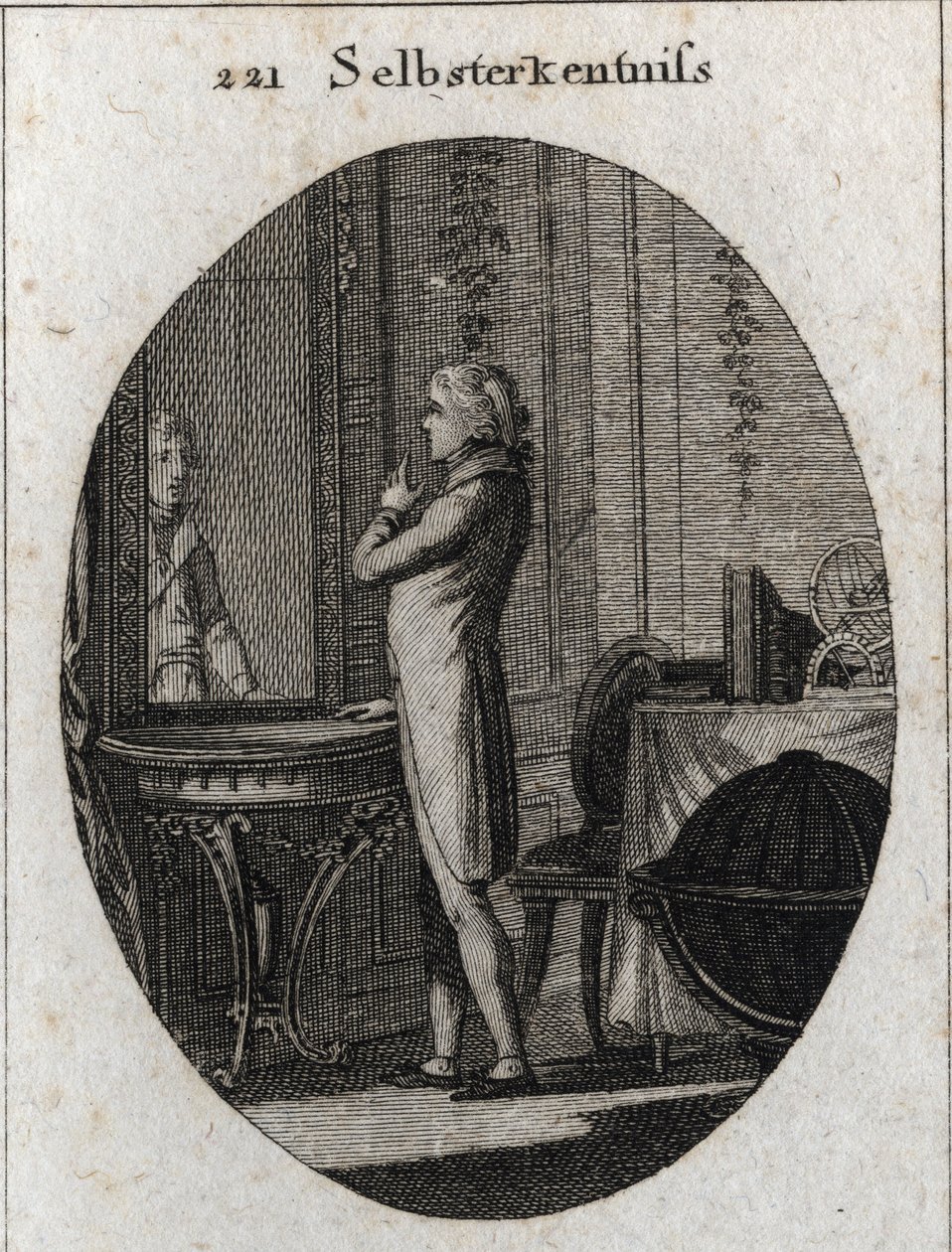Alegoría del autoconocimiento. Un joven se enfrenta a un espejo. Grabado en "Iconologie oder Ideen aus dem Gebiete der Leidenschaften und Allegorien bildich dargestellt fur Zeichner, Mahler, Dichter, Gelehrte, Erzieher und freunde Hoherer Geschmacksbildung de Austrian School