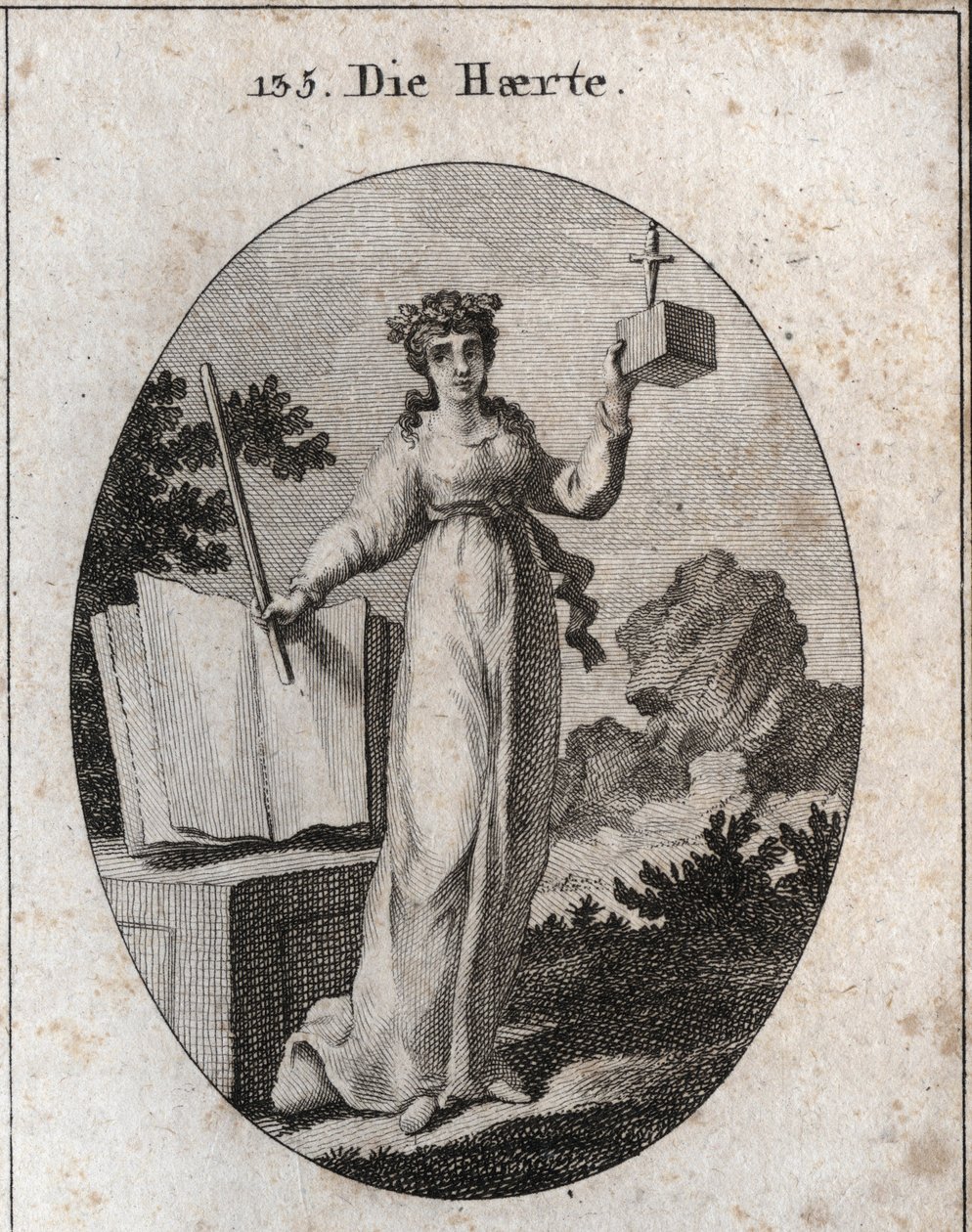 Alegoría de la severidad coronada con una rama de roble, atributo de la fuerza. Se apoya en un libro de leyes y sostiene una vara de hierro. El cubo en el que un puñal está ralentizando desea su cercanía y su inflexibilidad. Grabado en "Iconologie oder Ide de Austrian School