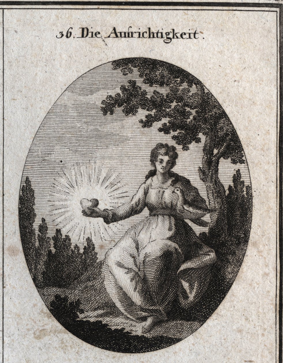 Alegoría de la sinceridad sosteniendo una paloma contra su pecho y presentando un corazón radiante. Grabado en “Iconologie oder Ideen aus dem Gebiete der Leidenschaften und Allegorien bildich dargestellt fur Zeichner, Mahler, Dichter, Gelehrte, Erzieher un de Austrian School