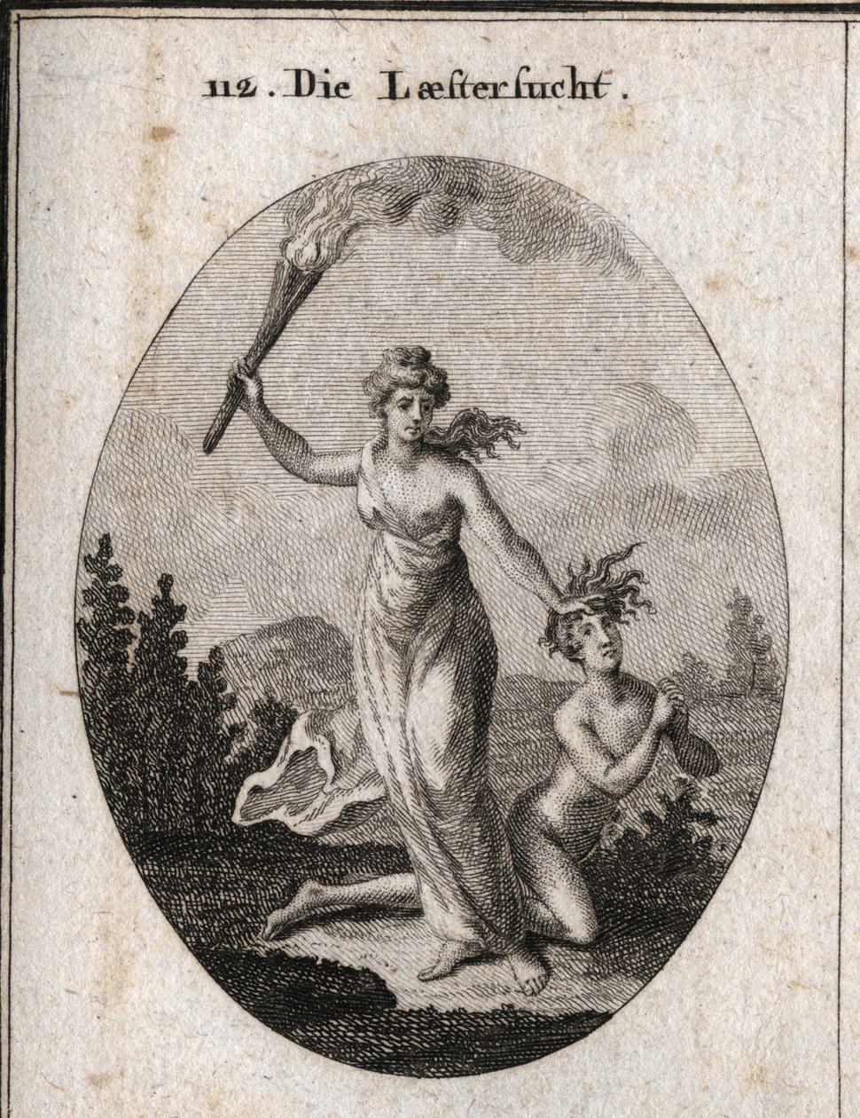 Alegoría de la calumnia sosteniendo una antorcha encendida y arrastrando sin piedad a un adolescente desnudo que junta las manos y mira al cielo. Grabado en “Iconologie oder Ideen aus dem Gebiete der Leidenschaften und Allegorien bildich dargestellt fur Ze de Austrian School