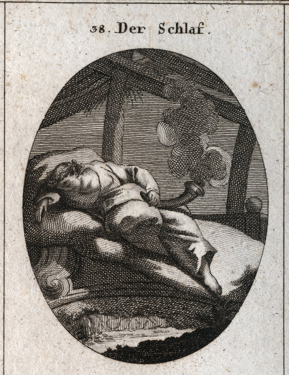 Alegoría del sueño en una cama de ébano cerca de la cual fluye un arroyo. Sostiene un cono negro y pulido de donde sale un vapor que significa sueños. Grabado en “Iconologie oder Ideen aus dem Gebiete der Leidenschaften und Allegorien bildich dargestellt f de Austrian School