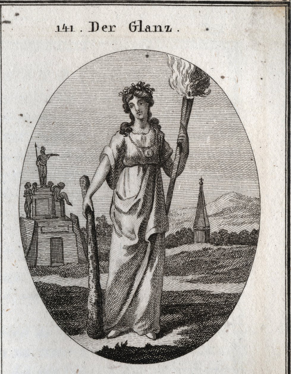 Alegoría del esplendor. El garrote en el que se apoya es el símbolo de las virtudes. La cadena y la medalla de oro son la recompensa. La antorcha encendida es luz para las bellas acciones. Grabado en “Iconologie oder Ideen aus dem Gebiete der Leidenschafte de Austrian School