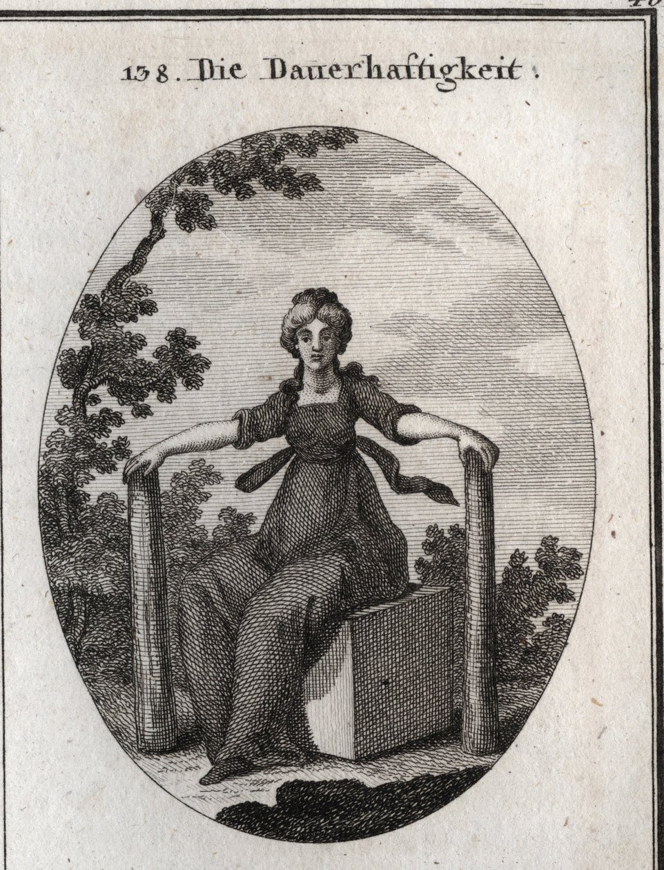 Alegoría de la estabilidad sentada en un cubo de mármol con dos pilas plomadas plantadas en la tierra. Grabado en “Iconologie oder Ideen aus dem Gebiete der Leidenschaften und Allegorien bildich dargestellt fur Zeichner, Mahler, Dichter, Gelehrte, Erzieher de Austrian School