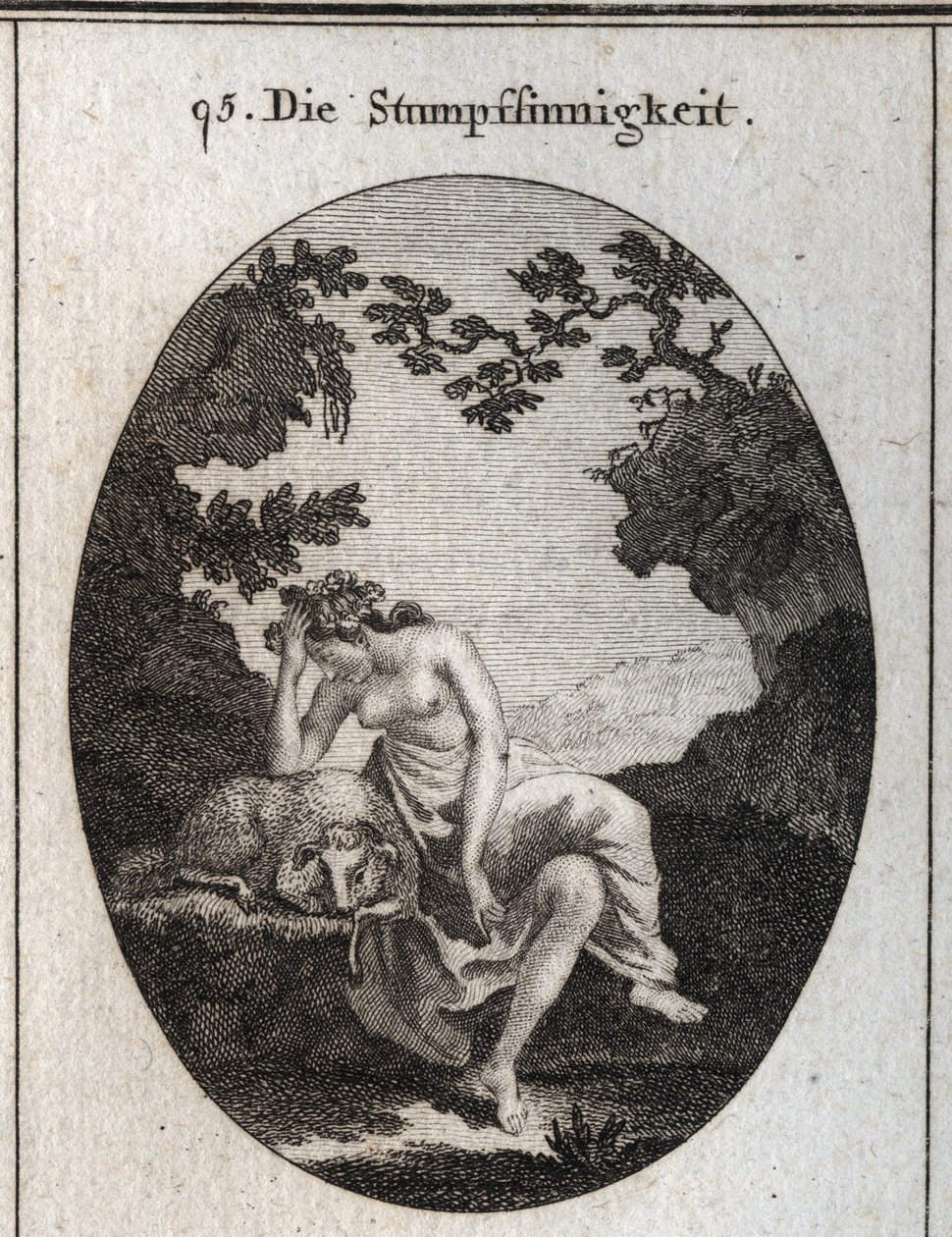 Alegoría de la estupidez. Está apoyada en una oveja, animal naturalmente estúpido. Grabado en Iconologie oder Ideen aus dem Gebiete der Leidenschaften und Allegorien bildich dargestellt fur Zeichner, Mahler, Dichter, Gelehrte, Erzieher und freunde Hoherer  de Austrian School