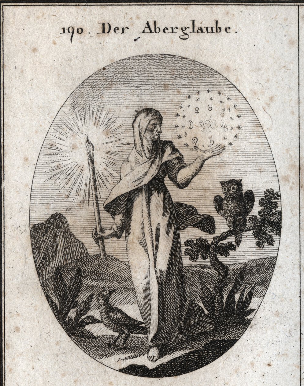 Alegoría de la superstición. Ella sostiene una vela encendida y un círculo de estrellas que rodea los signos de los siete planetas que considera ansiosos. Sus atributos son el búho y el cuervo. Grabado en “Iconologie oder Ideen aus dem Gebiete der Leidensc de Austrian School