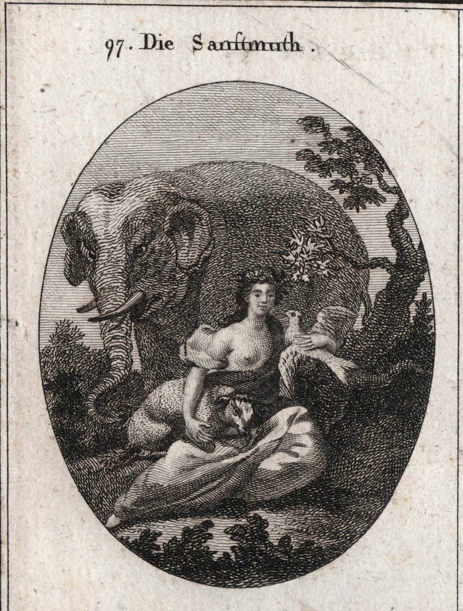Alegoría de la dulzura o mansedumbre, corona de olivos como símbolo de paz. Su atributo es el elefante, representando la bondad del corazón, el cordero símbolo de mansedumbre y la paloma, emblema de dulzura. Grabado en "Iconologie oder Ideen aus dem Gebiet de Austrian School