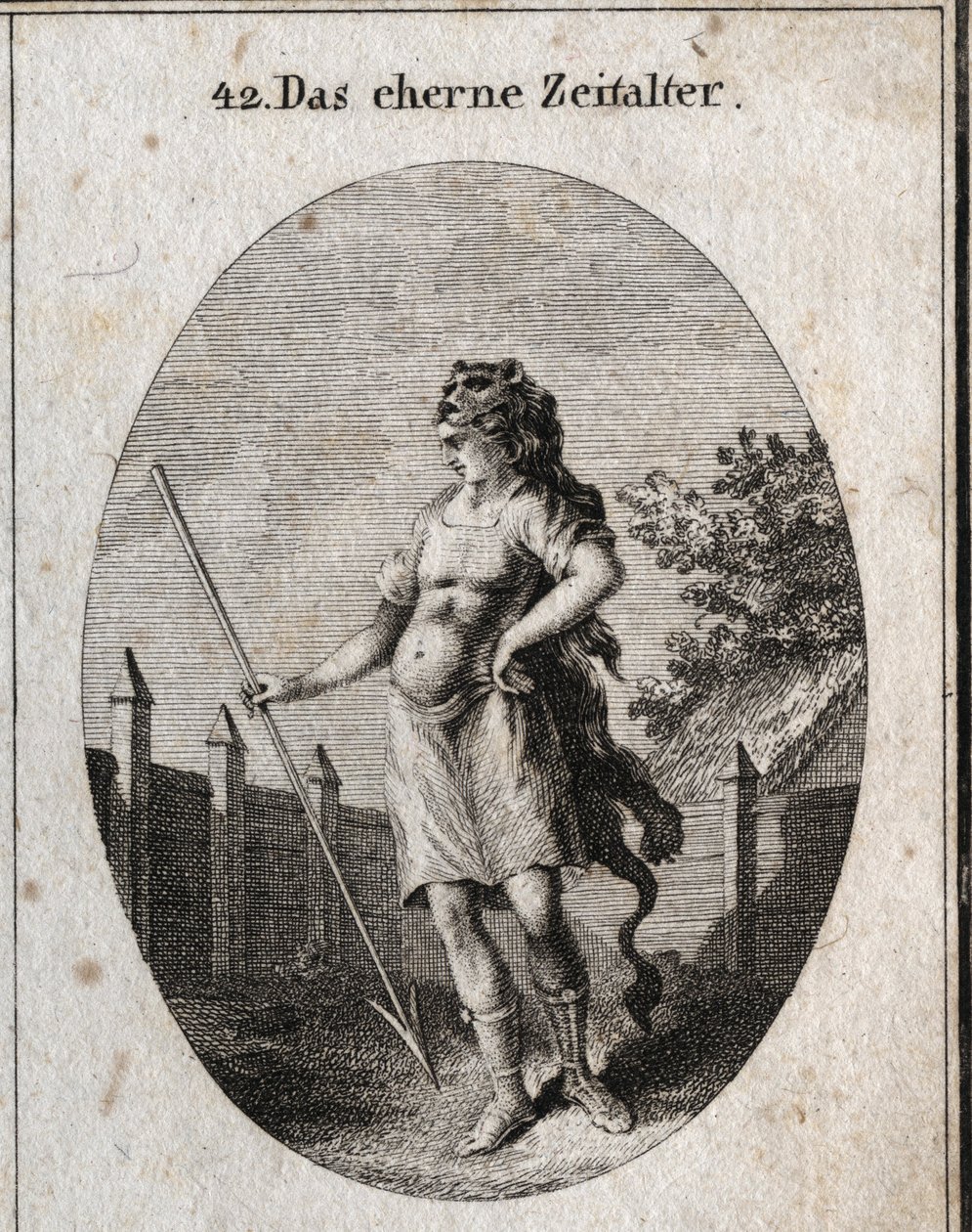 Alegoría de la Edad del Cobre representada como un centinela cerca de una cerca en una actitud orgullosa, armado con un corselete y una jabalina y un gorro de piel de león. Grabado en “Iconologie oder Ideen aus dem Gebiete der Leidenschaften und Allegorien de Austrian School