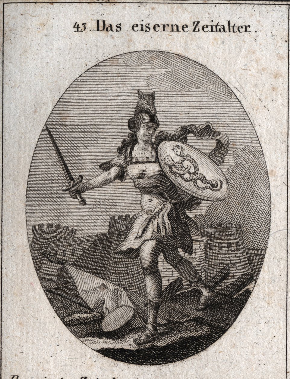 Alegoría de la Edad de Hierro caracterizada por la violencia, la mala fe y la traición. De apariencia feroz, está armada con un casco en la cabeza de un lobo, sostiene una espada y un escudo donde se representan el fraude y el vicio (sirena y serpiente con de Austrian School