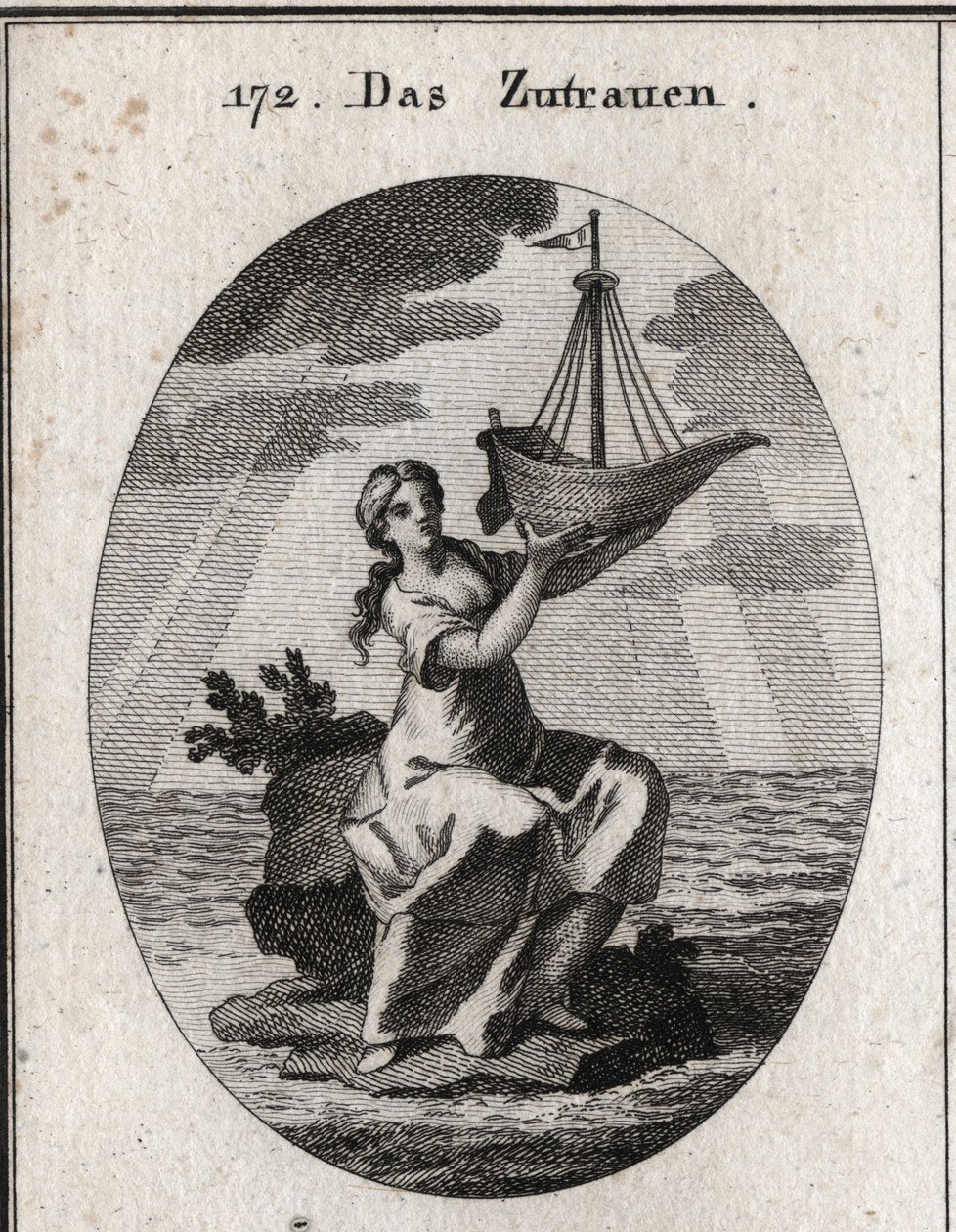 Alegoría de la confianza representada por una mujer sentada en un lugar en medio del mar y sosteniendo en su mano un barco que ha levantado. Grabado en “Iconologie oder Ideen aus dem Gebiete der Leidenschaften und Allegorien bildich dargestellt fur Zeichne de Austrian School