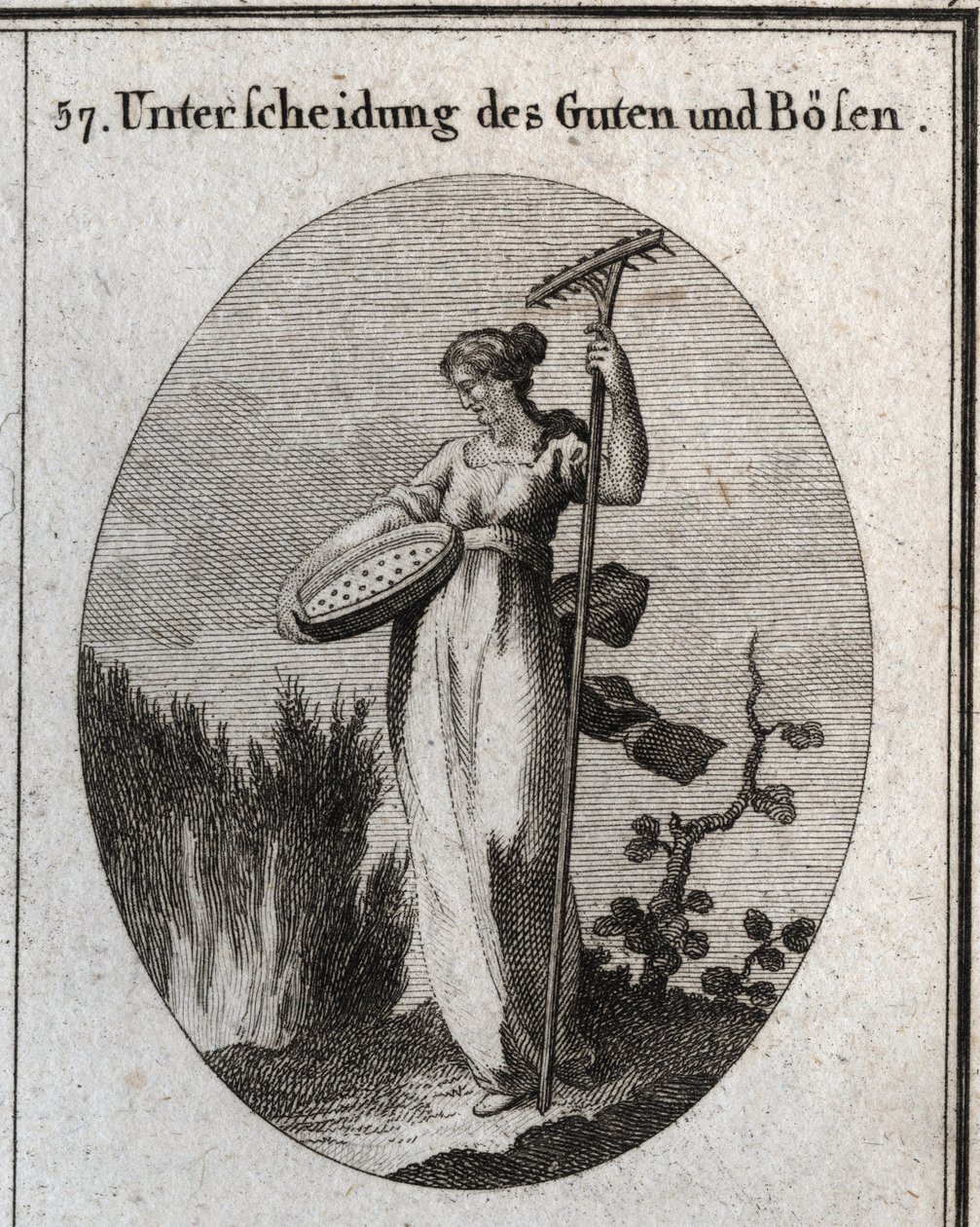 Alegoría de la distinción entre el bien y el mal. El tamiz separa el buen grano de la paja y el rastrillo se usa para quitar las malas hierbas. Grabado en “Iconologie oder Ideen aus dem Gebiete der Leidenschaften und Allegorien bildich dargestellt fur Zeic de Austrian School