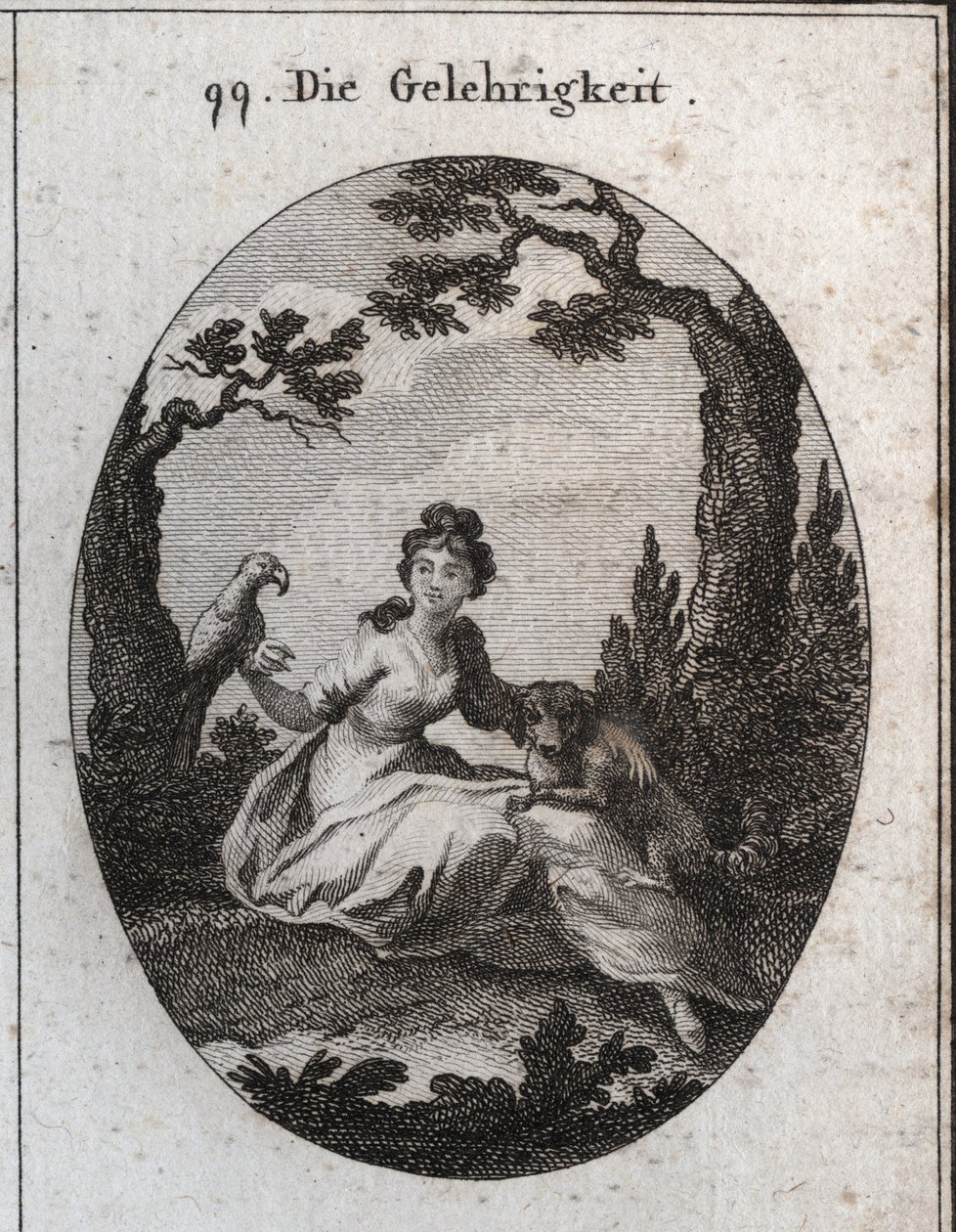 Alegoría de la docilidad. Sus atributos son el periquito y el perrito debido a su obediencia y deseo de agradar. Grabado en "Iconologie oder Ideen aus dem Gebiete der Leidenschaften und Allegorien bildich dargestellt fur Zeichner, Mahler, Dichter, Gelehrte de Austrian School