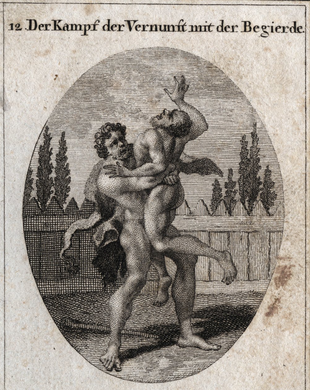 Alegoría de la lucha de la razón y el apetito. El apetito terrenal y carnal está representado por Anteo y Hércules (Heracles) simboliza la razón, la fuerza y el coraje que lo lleva y sofoca a Anteo. Grabado en "Iconologie oder Ideen aus dem Gebiete der Lei de Austrian School