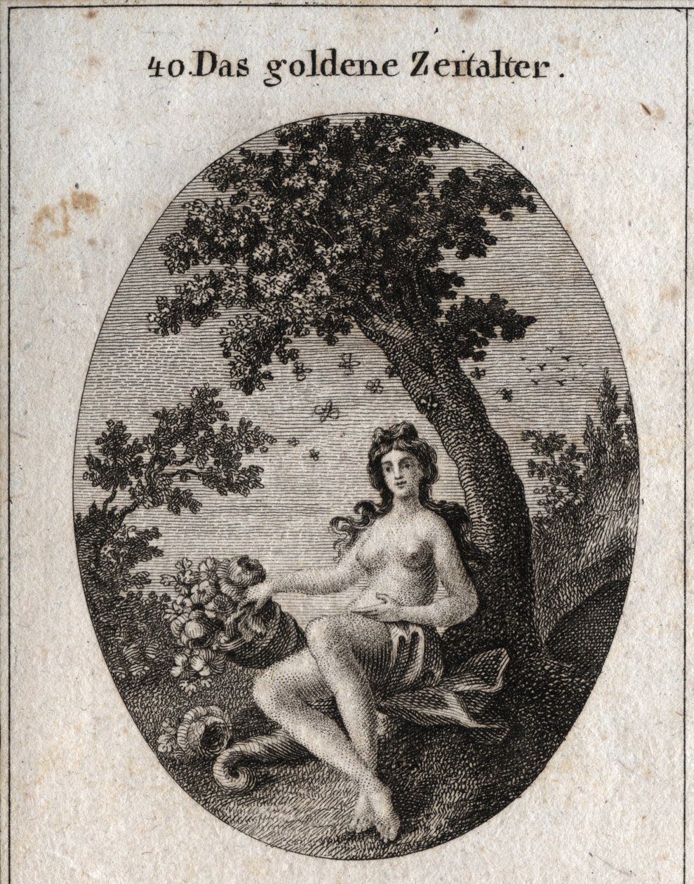 Alegoría de la edad de oro representada con un cuerno de abundancia de frutas, sentado junto a un olivo símbolo de paz en medio del cual hay un enjambre de abejas. Grabado en “Iconologie oder Ideen aus dem Gebiete der Leidenschaften und Allegorien bildich de Austrian School