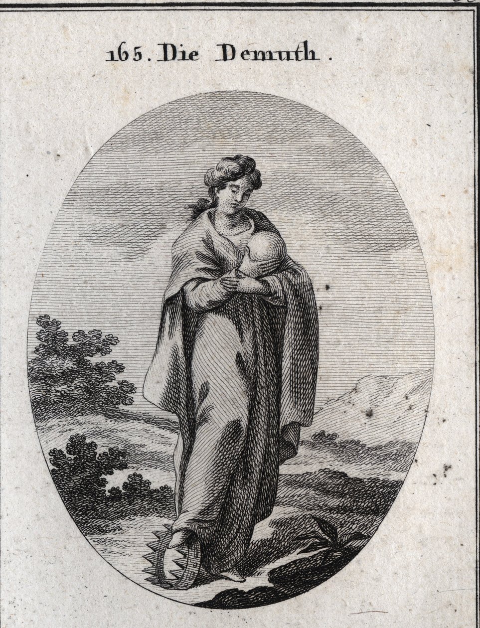 Alegoría de la humildad. Bajo su pie, una corona de oro enriquecida con piedras preciosas. Ella desdén considera una bola que representa la tierra de la cual ella pierde la grandeza. Grabado en "Iconologie oder Ideen aus dem Gebiete der Leidenschaften und  de Austrian School