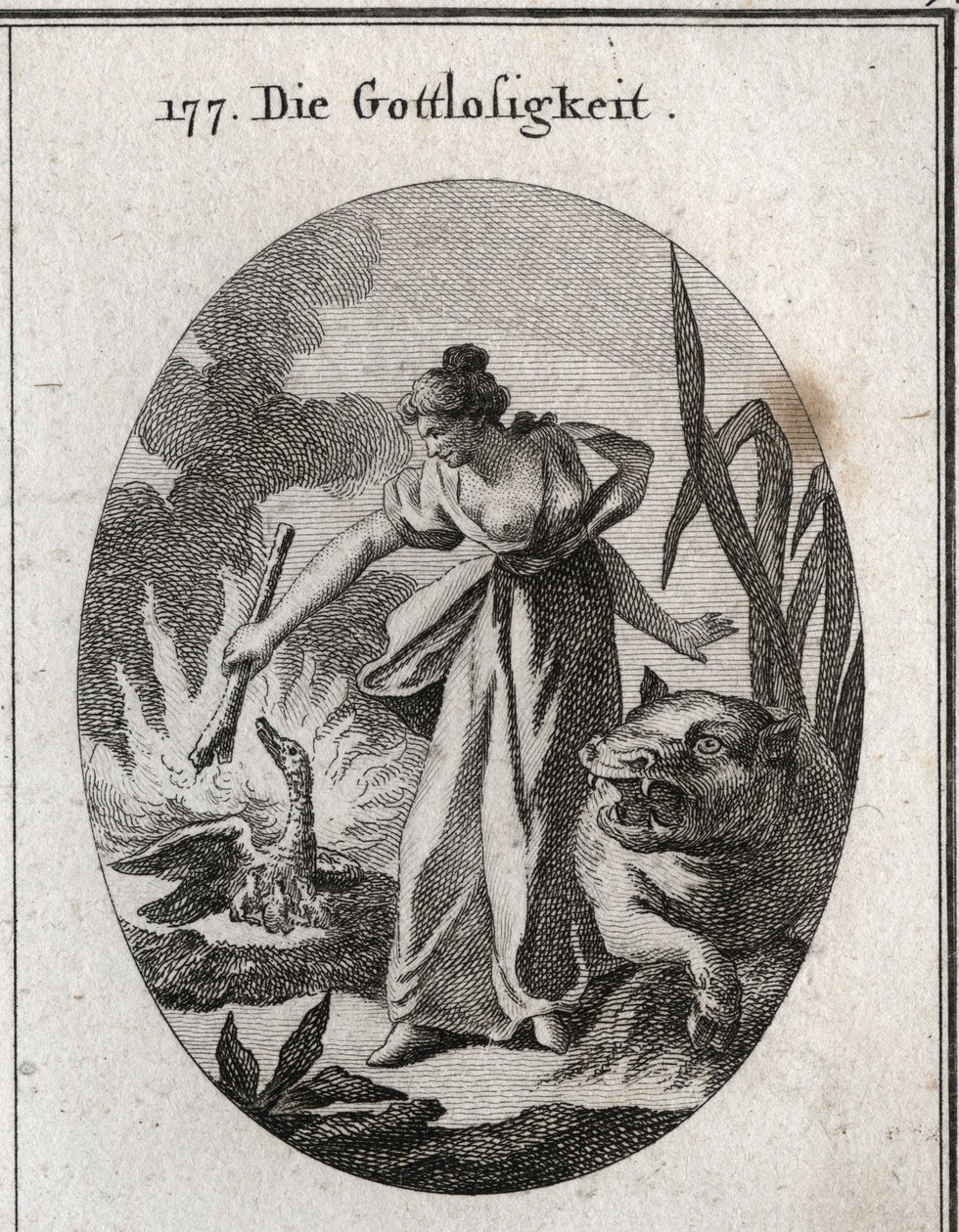 Alegoría de la impiedad sosteniendo una antorcha con la que quema un pelícano en su nido con sus crías. Su atributo es el hipopótamo. Grabado en “Iconologie oder Ideen aus dem Gebiete der Leidenschaften und Allegorien bildich dargestellt fur Zeichner, Mahl de Austrian School