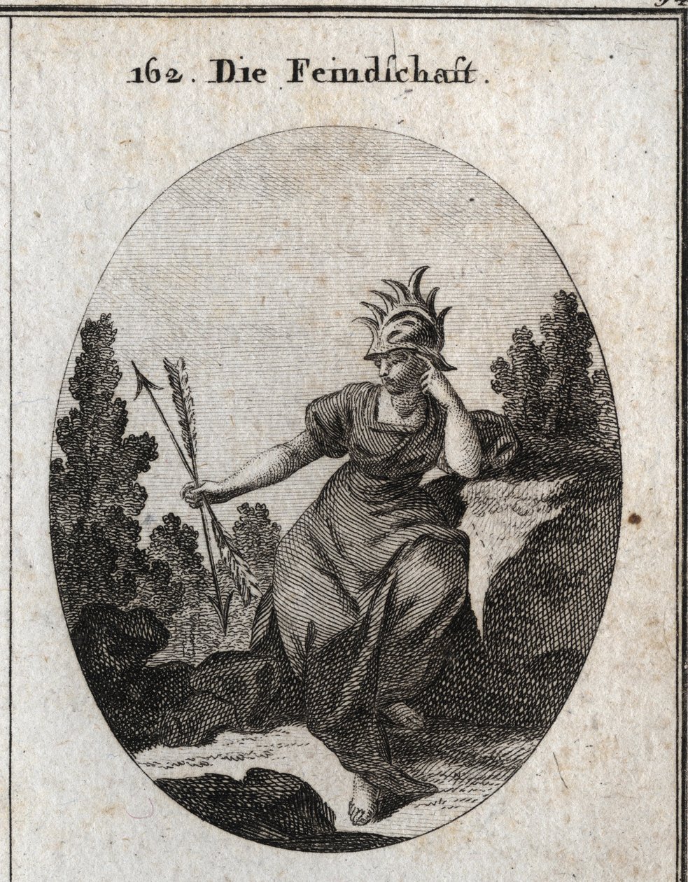Alegoría de la enemistad con un casco adornado con puntas de hierro. Su vestido está cubierto de llamas. Las dos flechas que sostiene en direcciones opuestas son sinónimo de contradicción. Grabado en “Iconologie oder Ideen aus dem Gebiete der Leidenschafte de Austrian School