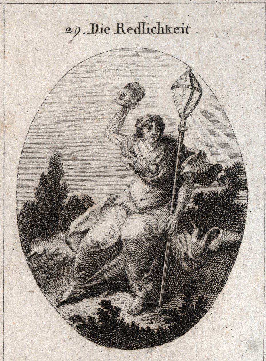 Alegoría de la lealtad (o sinceridad) arrojando una máscara que es el atributo de la falsedad y la mentira. Su emblema es una linterna de cristal, símbolo del relámpago. Un corazón está dibujado en su pecho. Grabado en “Iconologie oder Ideen aus dem Gebiet de Austrian School